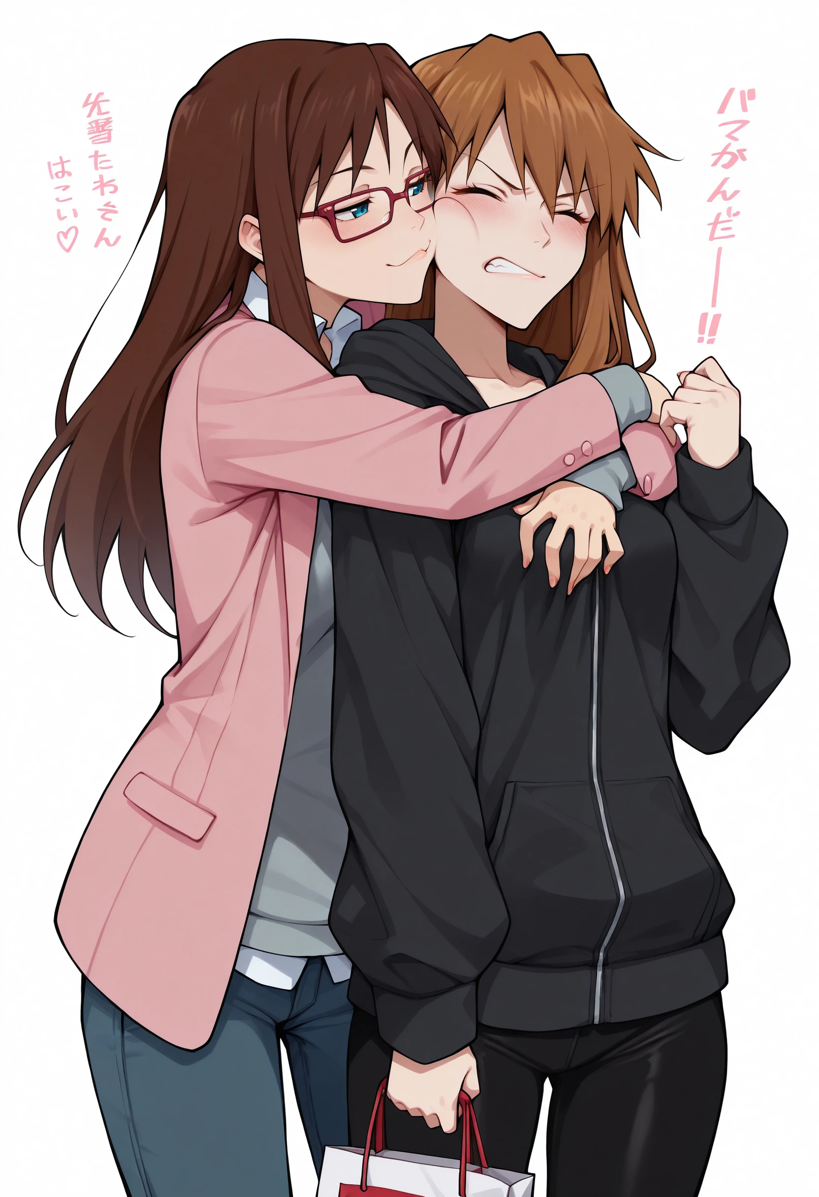 masterpiece, best quality, anime, 2girls, yuri, cowboy shot, hug from behind, simple background, white background, talking,
BREAK, <lora:Degen_Mari_End_Illustrious_v1:.85> mari-end, standing behind another, pink jacket, grey sweater, white collar, red framed eyewear, half-closed eyes, facing another, smug, untucked shirt, jeans, leaning on person, puffy cheek, cheek-to-cheek, blush, closed mouth, blue eyes, gold buttons, breast press, hand, nails, raised arm,
BREAK, souryuu asuka langley, annoyed, black hoodie, full-length zipper, black yoga pants, upper body, aged up, collarbone, open hand up, arm over shoulder, closed eyes, cheek-to-cheek, arm around neck, talking, clenched teeth,
,BREAK, holding red shopping bag, white shopping bag,
,BREAK, zipper, <lora:Degen_Unzipping_concept_Illustrious_v1:.3>
,BREAK, hand on another's chest, breast grab,
,BREAK, hand, nails,