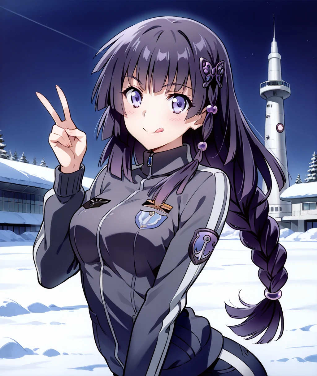 perfect quality, best quality, absolutely eye-catching, masterpiece, absurd res, ambient occlusion, raytracing, 1girl, solo, Circe, teeth, tongue out, mouth open, military, jacket, track jacket, peace sign, ultra-detailed clothes, teasing smile, arched back, winter, outdoors, military airbase, control tower, dark, night, braided ponytail