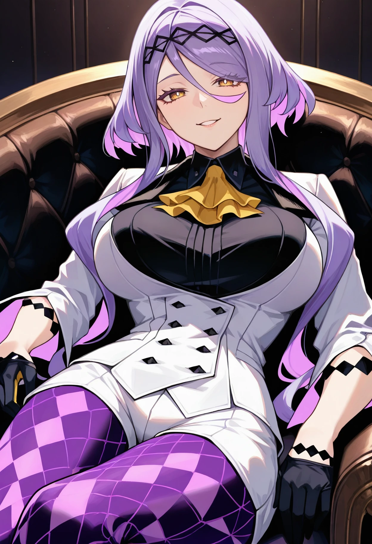 masterpiece, best quality, hires, absurdres, newest, 1girl, solo, <lora:figue-sh2-richy-v1_ixl:1> figue, yellow eyes, purple hair, multicolored hair, hairband, hair between eyes, sidelocks, yellow ascot, white coat, long sleeves, black shirt, half gloves, black gloves, white shorts, purple leggings, large breasts, sitting, indoors, couch, on back, smile, parted lips, looking at viewer, lying