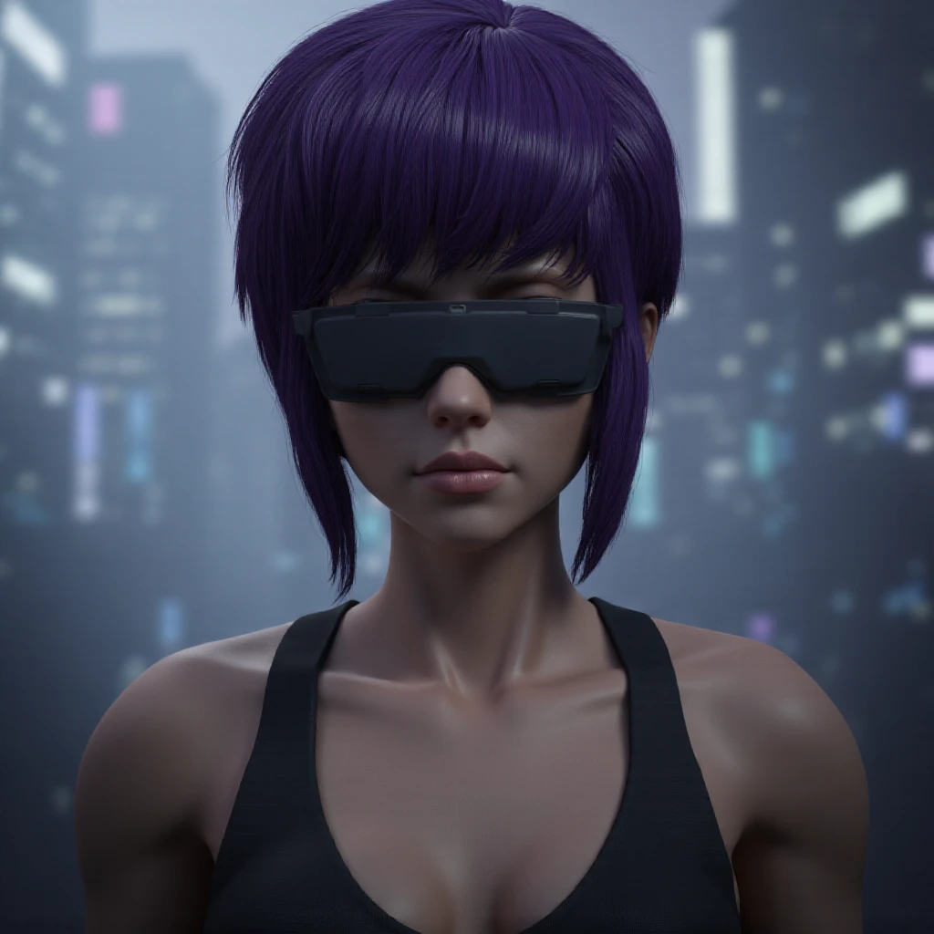 cinematic film still of  <lora:Ghost in the Shell style v1:0.9>
In Japanese manga cyberpunk city a woman with a futuristic glasses on her face, 1girl, solo, short hair, bangs, bare shoulders, upper body, lips, tank top, realistic, nose, blindfold, kusanagi motoko, detailed, different, real, unique, cinematic, dramatic, concept art, filmic, perfect, high quality, Ghost in the Shell style, Masamune Shirow style, looking at viewer, purple hair, head-mounted display, cyberpunk, shallow depth of field, vignette, highly detailed, high budget, bokeh, cinemascope, moody, epic, gorgeous, film grain, grainy