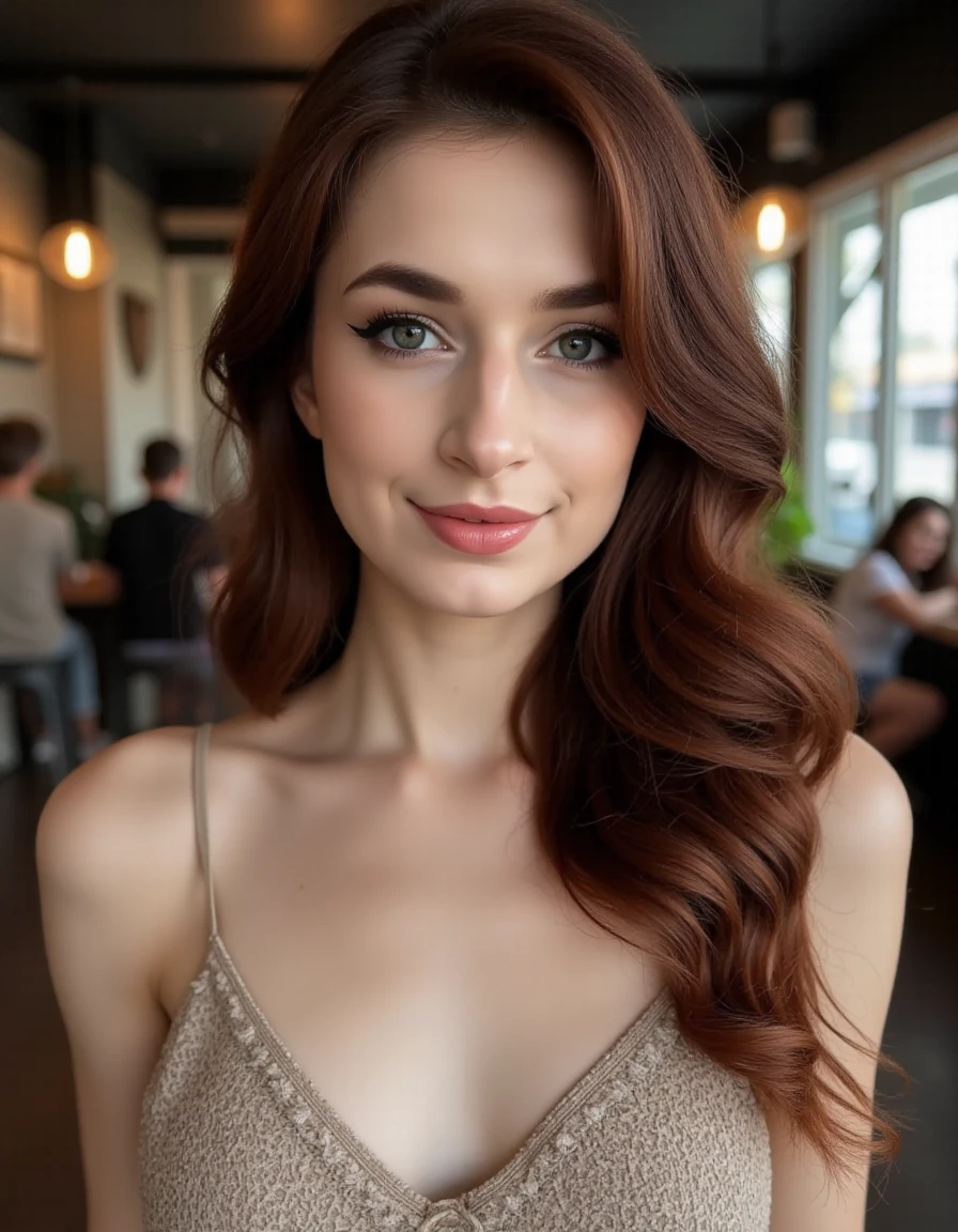 This is an image a young woman, a beautiful detailed photograph, makeup, wearing casual clothes, standing in a cafe looking at the viewer, with a hint of a closed-mouth smile.