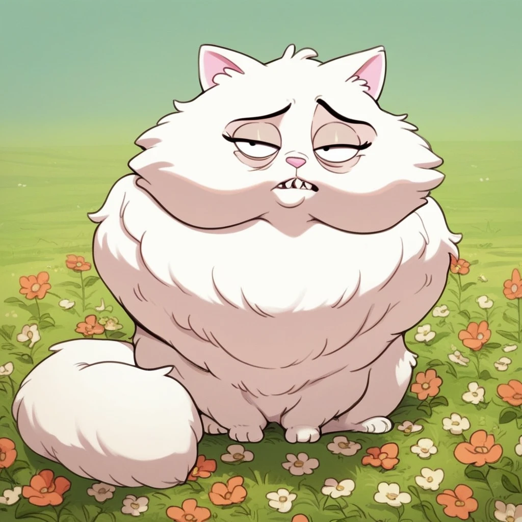 score_9, score_8_up, score_8, score_7, source_cartoon, Solo, 1girl, feral, Persian cat, catgirl, mature female, facial wrinkles, white fur, fluffy fur, fluffy tail, long tail, black eyes, small body, stubby legs, sharp teeth, full body, looking at viewer, sitting, eyes half closed, flower field setting,