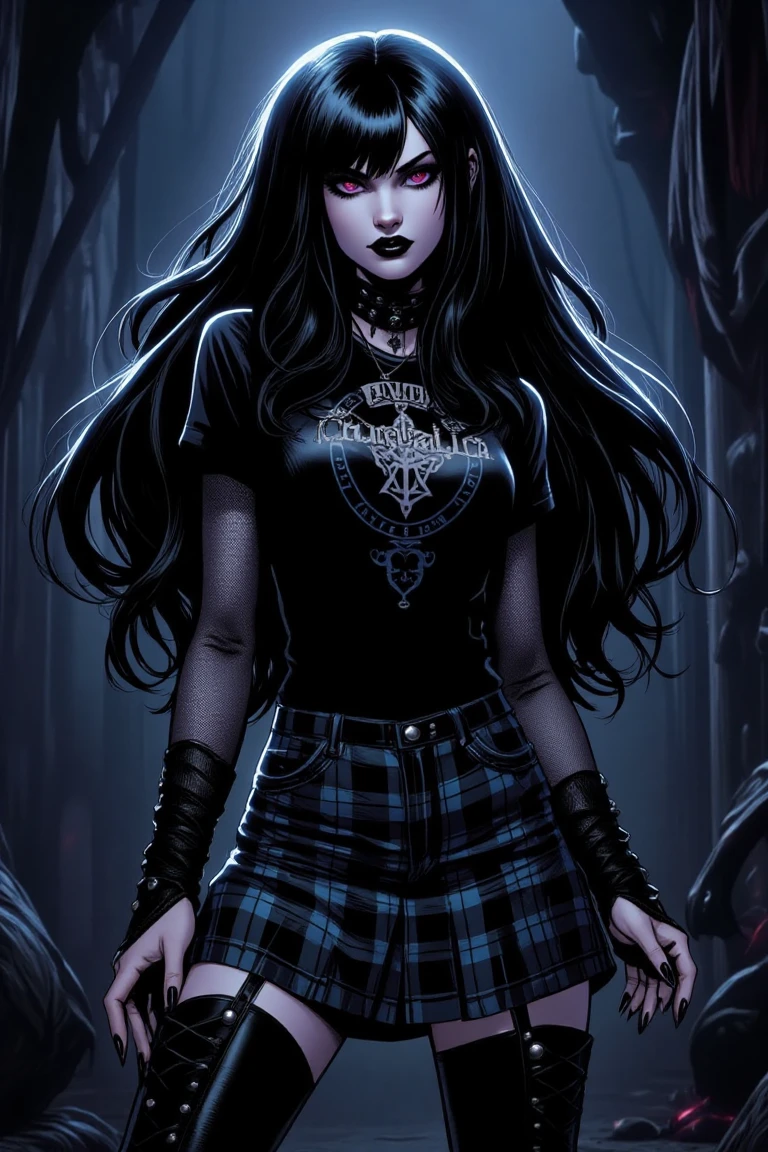 A dark fantasy image, anime style, featuring a very long dark hair woman wearing a plaid skirt, boots, and a black and blue t-shirt with the band name Churchallica printed on it. The scene is vibrant with dynamic lighting, highlighting her intense expression and intricate details of her outfit. The background features a shadowy, gothic setting, adding to the mysterious and edgy atmosphere.