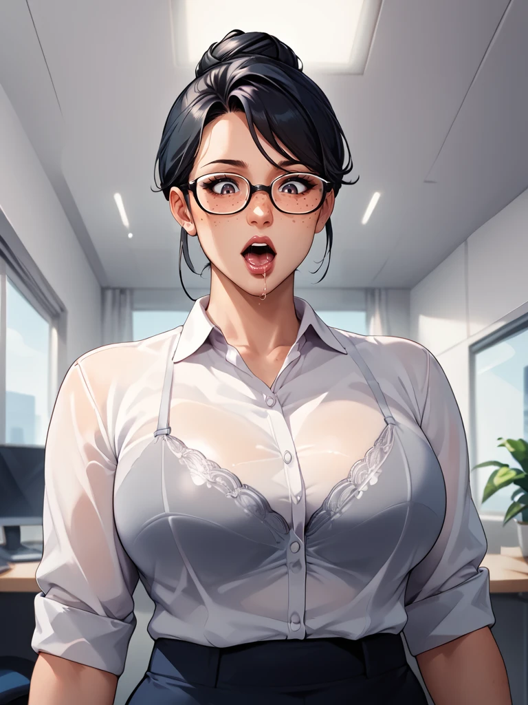 score_9, score_8_up, score_7_up, source_anime, mature female, milf, :o, open mouth, saliva, entranced, looking down, office building, hair in bun, glasses, freckles, black hair, professional, see-through, bra