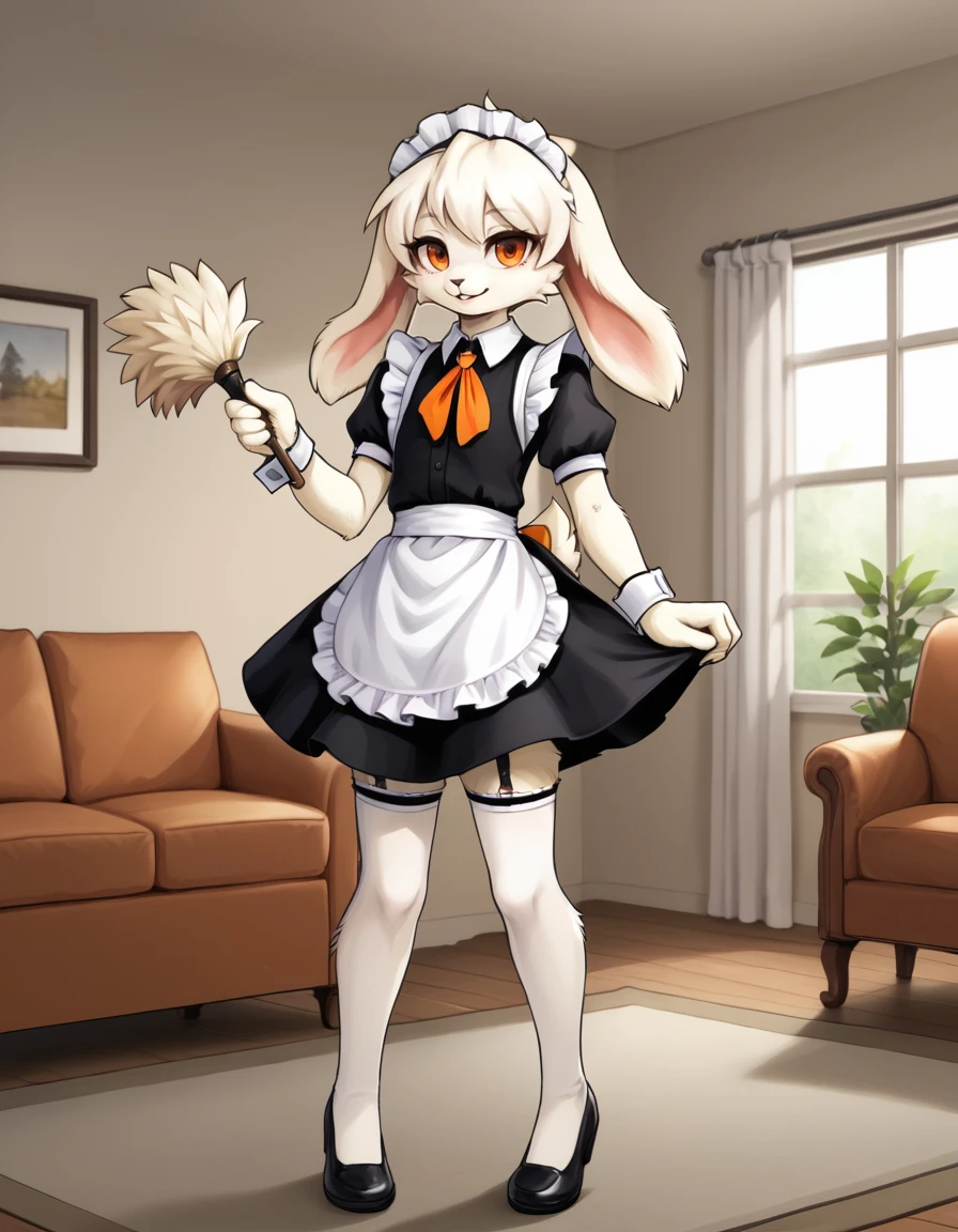 indoors, living room, 
full body,smile,long eyelashes,parted lips,
maid, maid headdress, thighhighs, duster, 
<lora:Mimiga_v01_PDXL:1>,Mimiga,1girl,solo,furry female,rabbit girl,rabbit tail,rabbit ears,white fur,body fur,white hair,short hair,orange eyes,animal nose,