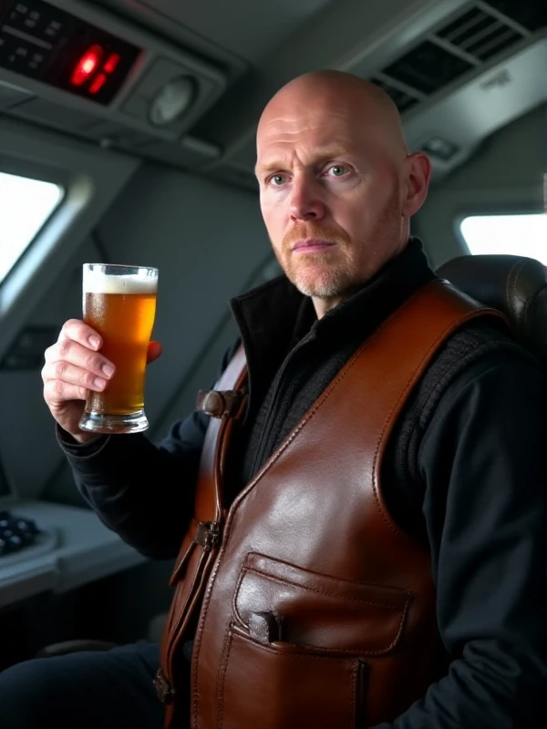 <lora:Migs_Mayfeld:0.9> migs mayfeld, bald man holding a beer in a space ship. He wears a leather holster