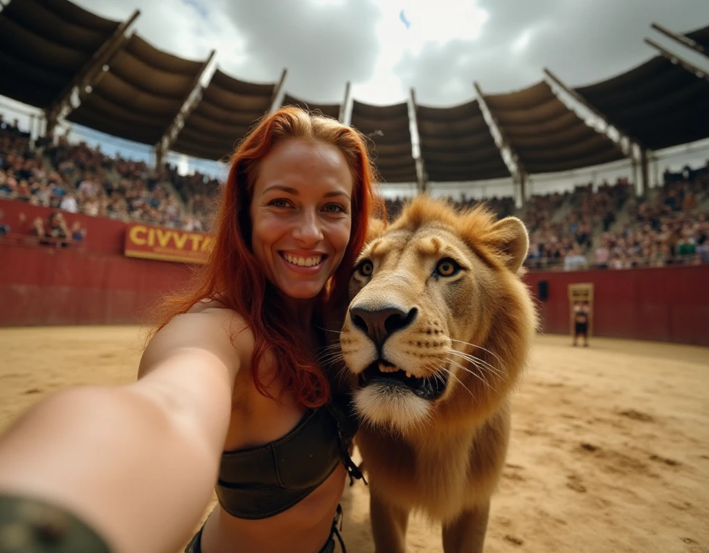 <lora:Gladiator_style:0.8> gladiator style, gopro hero selfie of a smiling muscular redhead woman posing with a lion in an  arena. A sign says "CIVITAI"