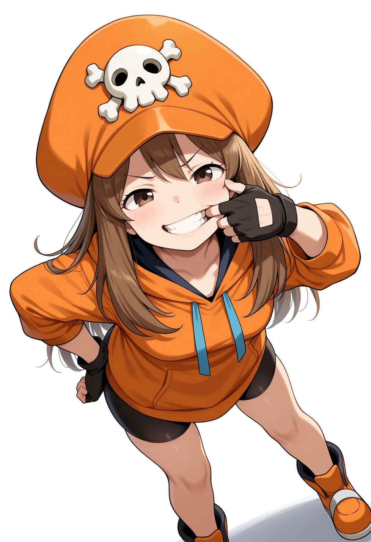 masterpiece, best quality, amazing quality, very aesthetic, absurdres,
hand on hips, mouth pull, grin, teeth, open mouth, bent over, dutch angle, white background,
<lora:Illustrious May:1> 1girl, may, brown hair, long hair, orange headwear, hood, orange hoodie, skull and crossbones, fingerless gloves, black gloves, bike shorts, brown eyes, black shorts, orange footwear