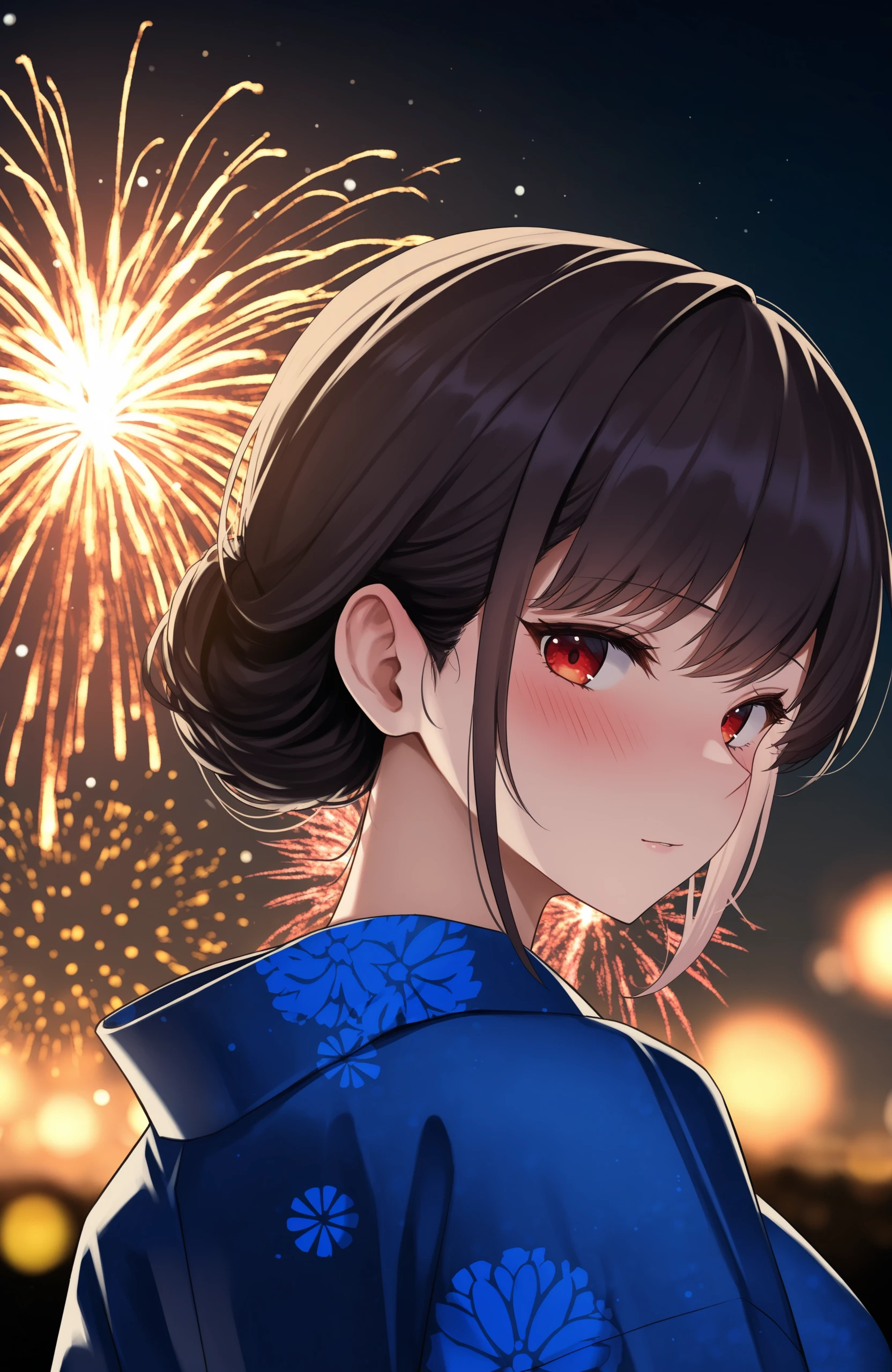 masterpiece, best quality, 1girl, night, fireworks, kimono, looking back, looking at viewer, portrait, blush