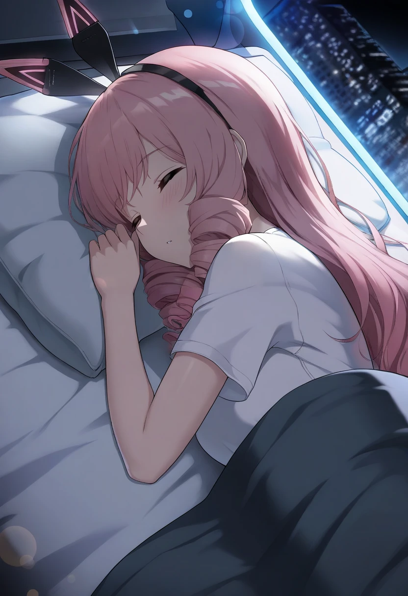 upper body, pink hair, drill sidelocks, long hair, blush, 
fake animal ears,
t-shirt, white shirt, 
bed, blanket, sleeping, on side, pillow,
 volumetric lighting,
city, night, bokeh, in focus, dark, science fiction, 
subsurface scattering,
masterpiece, best quality,
 <lora:aylakaleidoNOOB10:1>