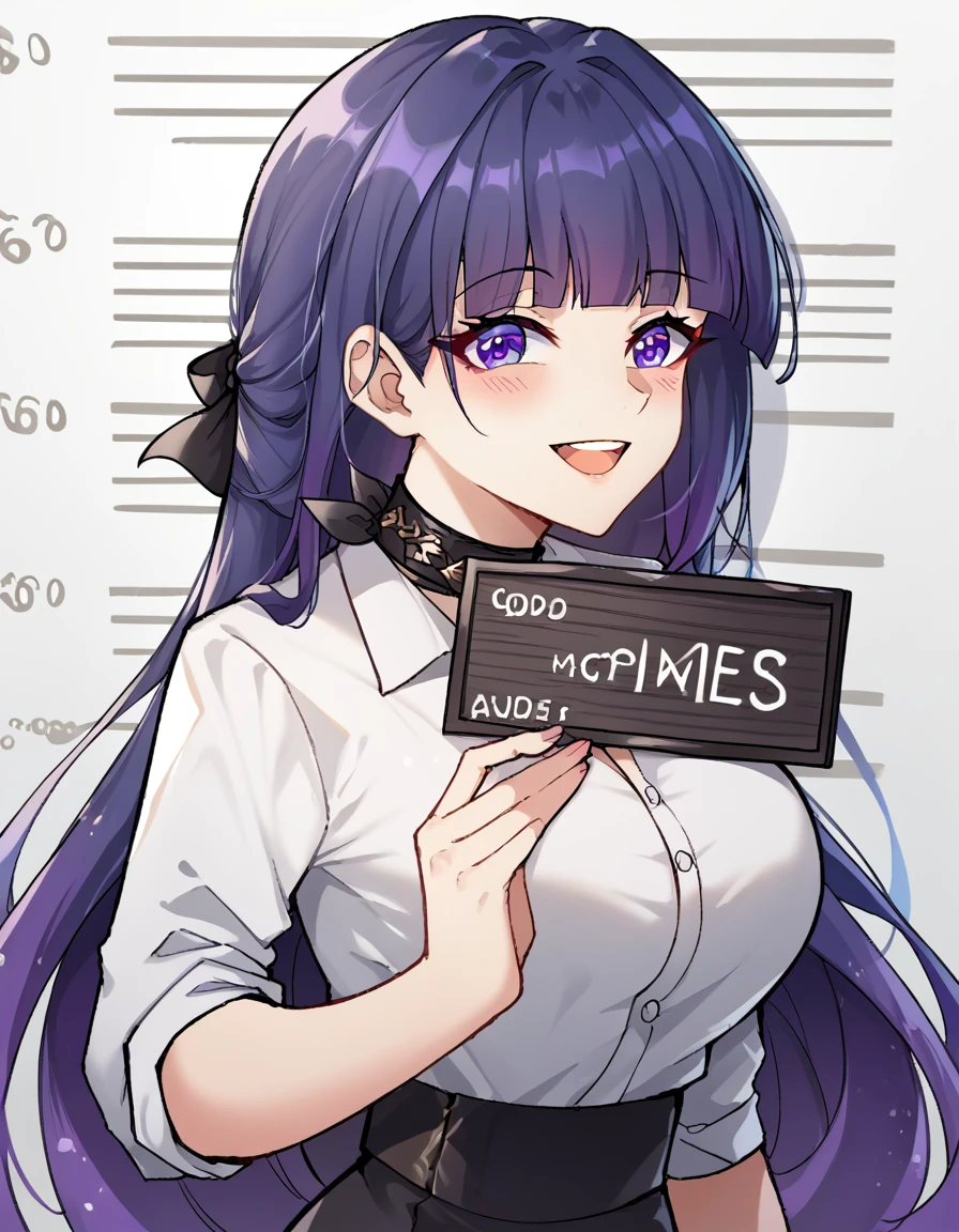 score_9, score_8_up, score_7_up, source_anime, <lora:raiden-mei-office-lady-ponyxl-lora-nochekaiser:1>, raiden mei, long hair, purple hair, bangs, purple eyes, blunt bangs, bangs, gradient hair, hair ribbon,, office lady, white shirt, shirt, pantyhose, skirt, black skirt, long sleeves, large breasts, choker, black choker, sleeves rolled up, river, flowing, fish, banks, current, smile, <lora:ken-mugshot-ponyxl-lora-nochekaiser:1> barbie mugshot, barbie mugshot (meme) height mark, holding sign, nameplate, height chart, sign, meme, smile, open mouth, teeth, blush, cowboy shot, looking at viewer, solo,, dutch angle, cowboy shot