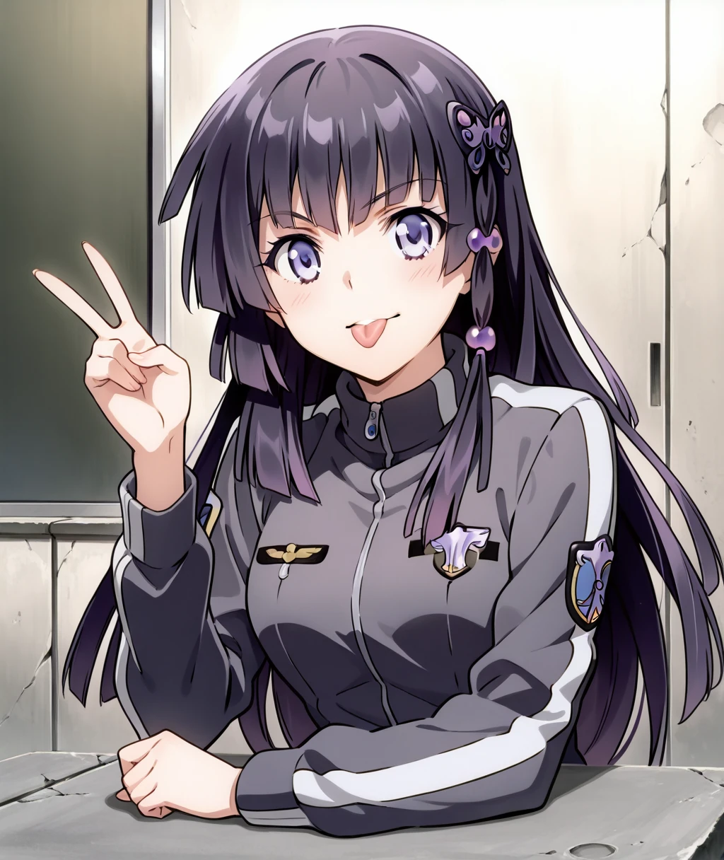 perfect quality, best quality, absolutely eye-catching, masterpiece, absurd res, ambient occlusion, raytracing, 1girl, solo, Circe, teeth, tongue out, mouth open, military, jacket, track jacket, concrete cafeteria, peace sign, sitting