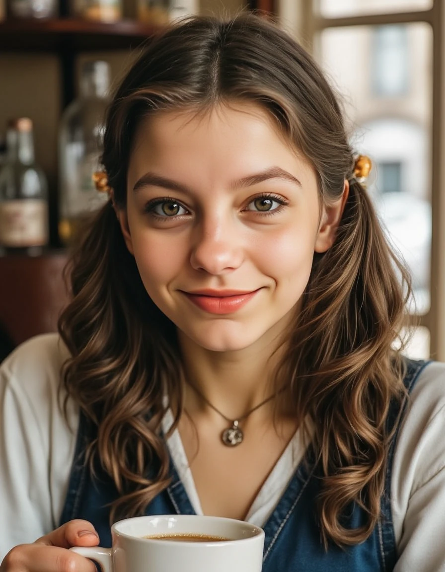 full body picture of a young woman wearing casual clothes, having coffee in a vintage cafe, pigtails, professional, atmospheric haze, excellent dynamic range, masterpiece, excellent quality, ultra detailed, subtle lighting, soft focus, detailed shadows