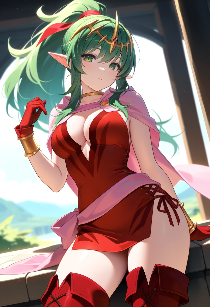 masterpiece, best quality,   <lora:Tiki-initium-ilxl-t1:1>, circlet, cleavage, green eyes, green hair, hair ribbon, green hair, short dress, pointy ears, ponytail, pink cape, red dress, red ribbon, thigh boots, red gloves, gold bracelets, pink sash,