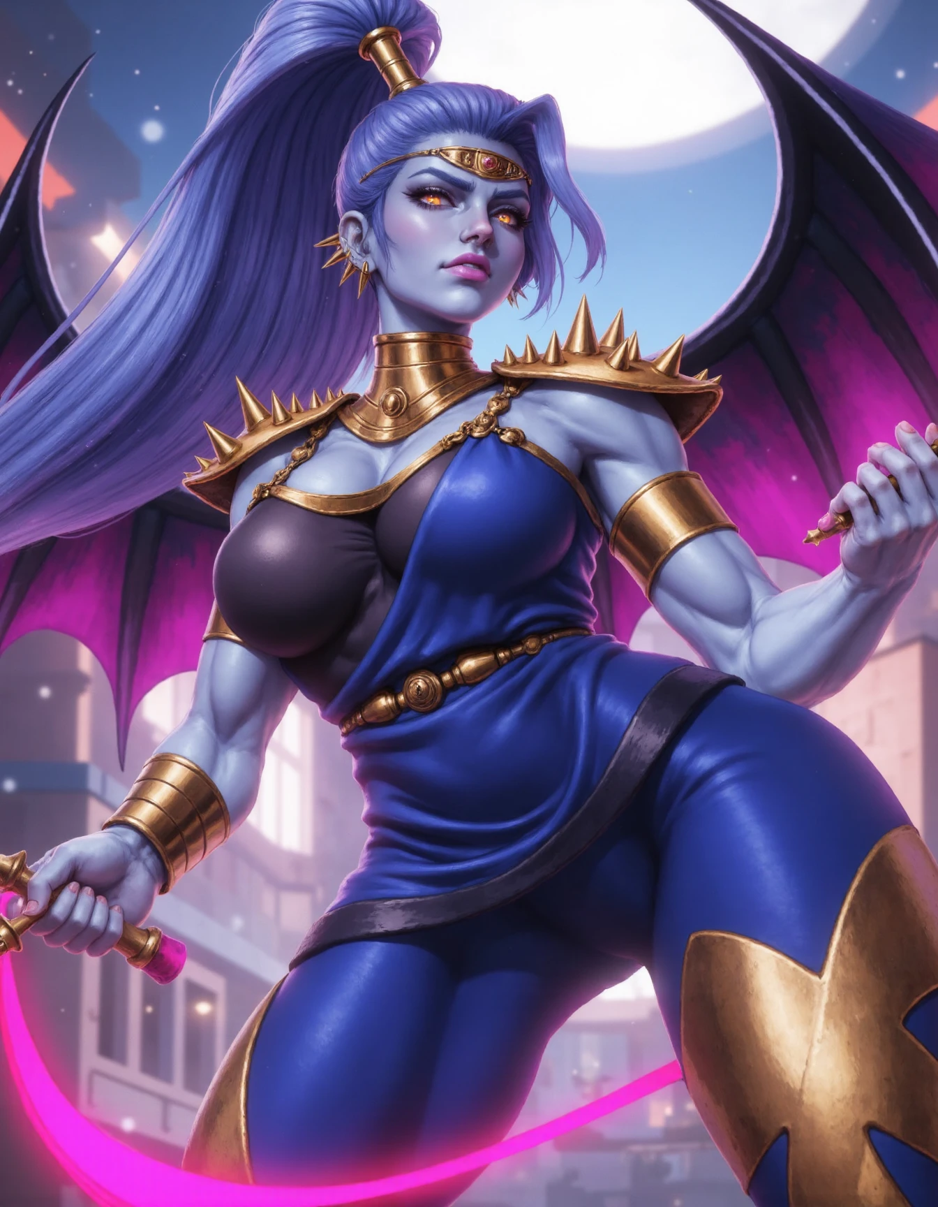 photo realistic image of  Megaera, a powerful, athletic female character with a striking, stylized appearance with hair tied in a ponytail, she has  a single wing. She is depicted in a dynamic, low-angle view, looking up towards the viewer with a confident, fierce expression. She has light blue skin, a striking contrast to her long, dark purple hair, which cascades down her back. Her eyes are a piercing, glowing white, giving her an otherworldly appearance.
she holds a pink whip.
<lora:megaeraFlux:1>