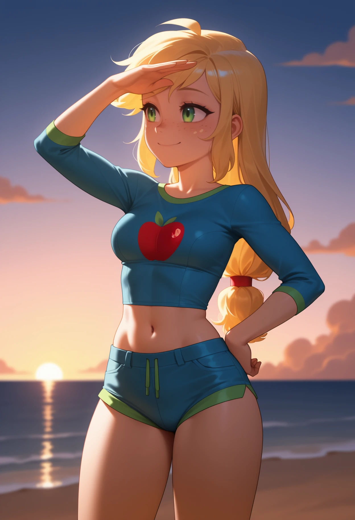 masterpiece, best quality, <break> solo, 1girl, appl3jack, freckles, smile, looking away, standing, shading eyes, hand on own hip, low-tied long hair, blonde hair, ponytail, green eyes, blue bikini, blue shirt, cropped shirt, food print, apple, sleeves past elbows, blue shorts, micro shorts, midriff, navel, large breasts, outdoors, sunset, cloud, beach, ocean, sidelighting
<segment:yolo-Anzhc Face seg 640 v2 y8n.pt,0.4,0.5//cid=1>