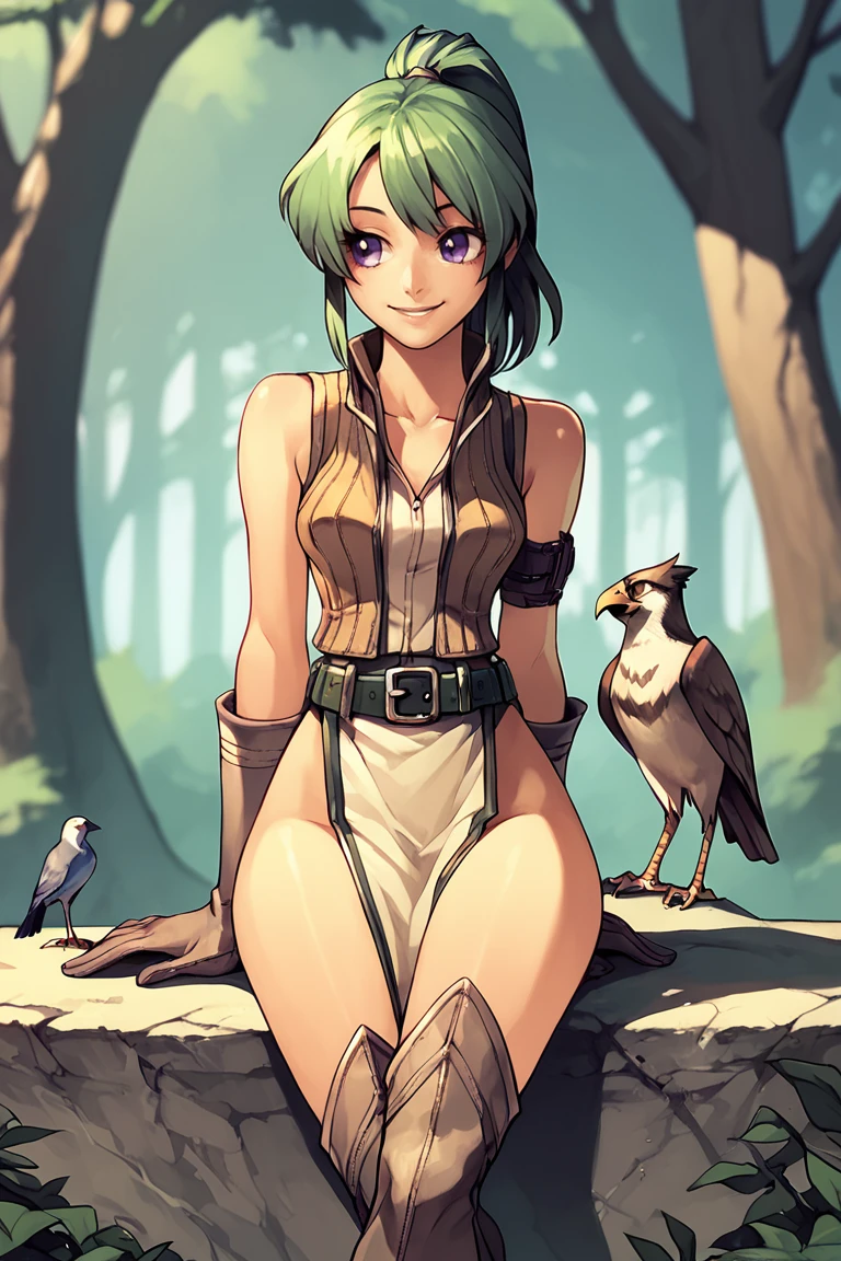 score_9, score_8_up, score_7_up, <lora:iro:1> iro, 
hawk, perched, bird, animal, wings, feathers, 
1girl, 
hunter, pelvic curtain, belt, thigh boots, cowboy shot, gloves, vest, sleeveless, mismatched armwear, smile, purple eyes, green hair, ponytail, 
blurry background, forest,