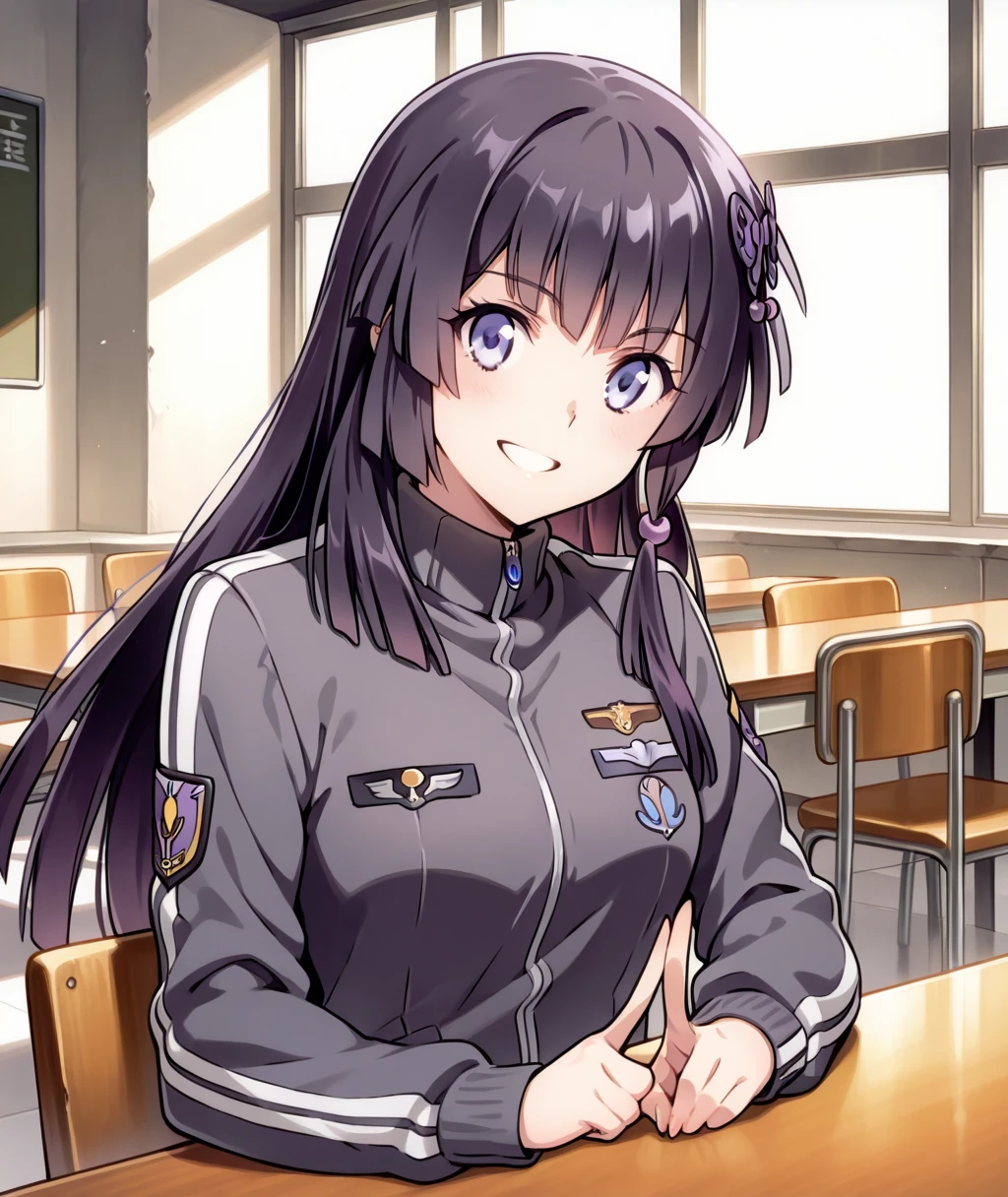 perfect quality, best quality, absolutely eye-catching, masterpiece, absurd res, ambient occlusion, raytracing, 1girl, solo, Circe, teeth, grin, smile, mouth open, military, jacket, track jacket, cafeteria, peace sign, sitting, ultra-detailed clothes, 