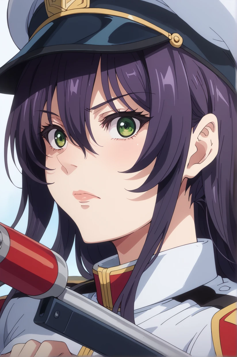 <lora:StyleAnimationTatsumi01NSLT:1> HATatsumi, 1girl, solo, weapon, green eyes, close-up, hat, purple hair, long hair, parody, holding, looking at viewer, black hair, anime coloring, hair between eyes, portrait, military, bangs, eyelashes, 8k, masterpiece, absurdes, highly detailed, highres, high quality, best quality, score_9, score_8_up, score_7_up, score_6_up