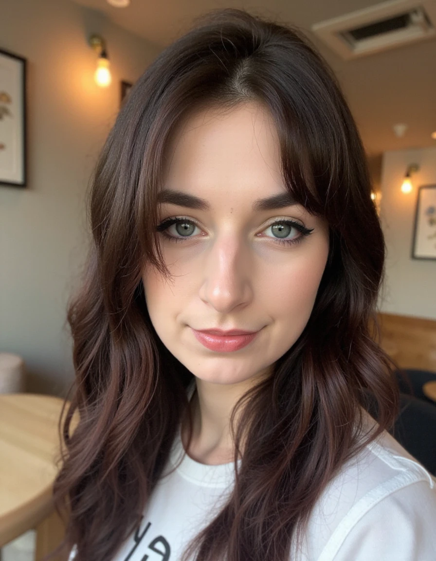 This is an image a young woman, a beautiful detailed photograph, makeup, wearing casual clothes, standing in a cafe looking at the viewer, with a hint of a closed-mouth smile.