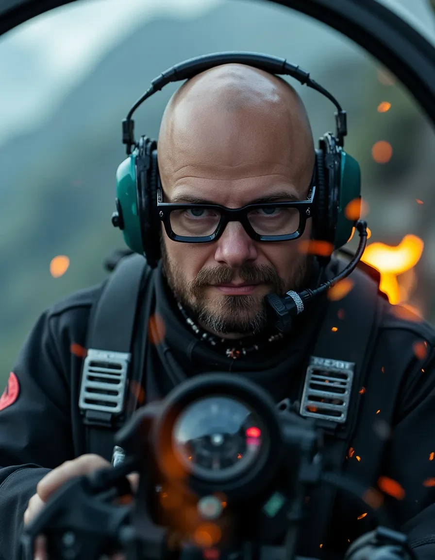 Peregooglass elite search and rescue helicopter pilot age 40, aviation black-framed glasses, stern concentrated look, IMAX-quality shot on RED Helium 8K, piloting through mountain storm, G-force affected face, advanced flight suit with realistic fabric physics, lightning strikes illuminating cockpit, rain droplet physics on helicopter glass, Top Gun: Maverick style aviation cinematography