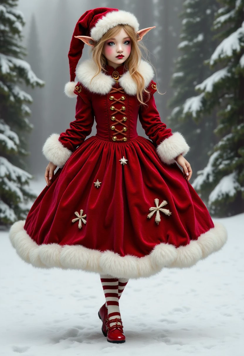 An extremely Christmas work of art of a beautiful elf wearing striped white and red leggings and a big red puffy Victorian coat with big fluffy white trim standing gracefully in the winter snow by AmeshinART