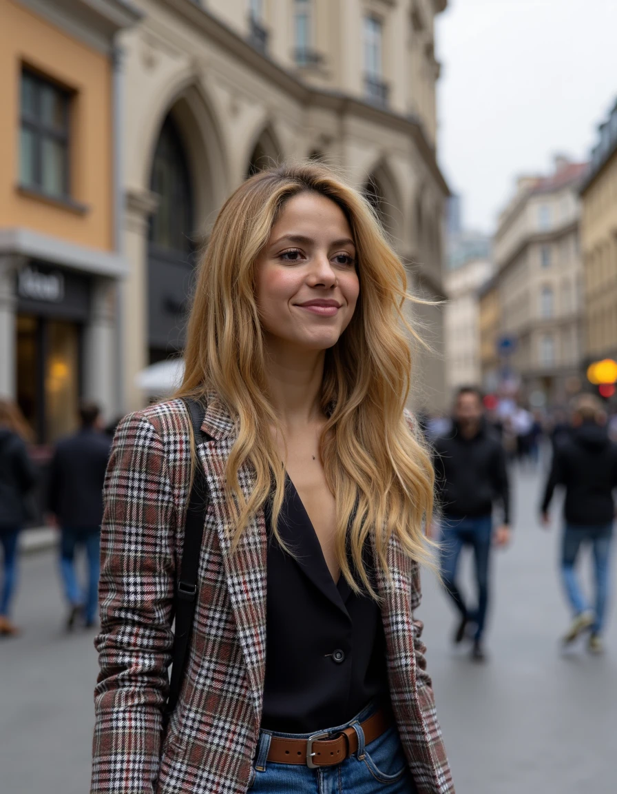 woman, shakira, Waiting for a bus in a city square wearing a plaid blazer, <lora:shakira:1>