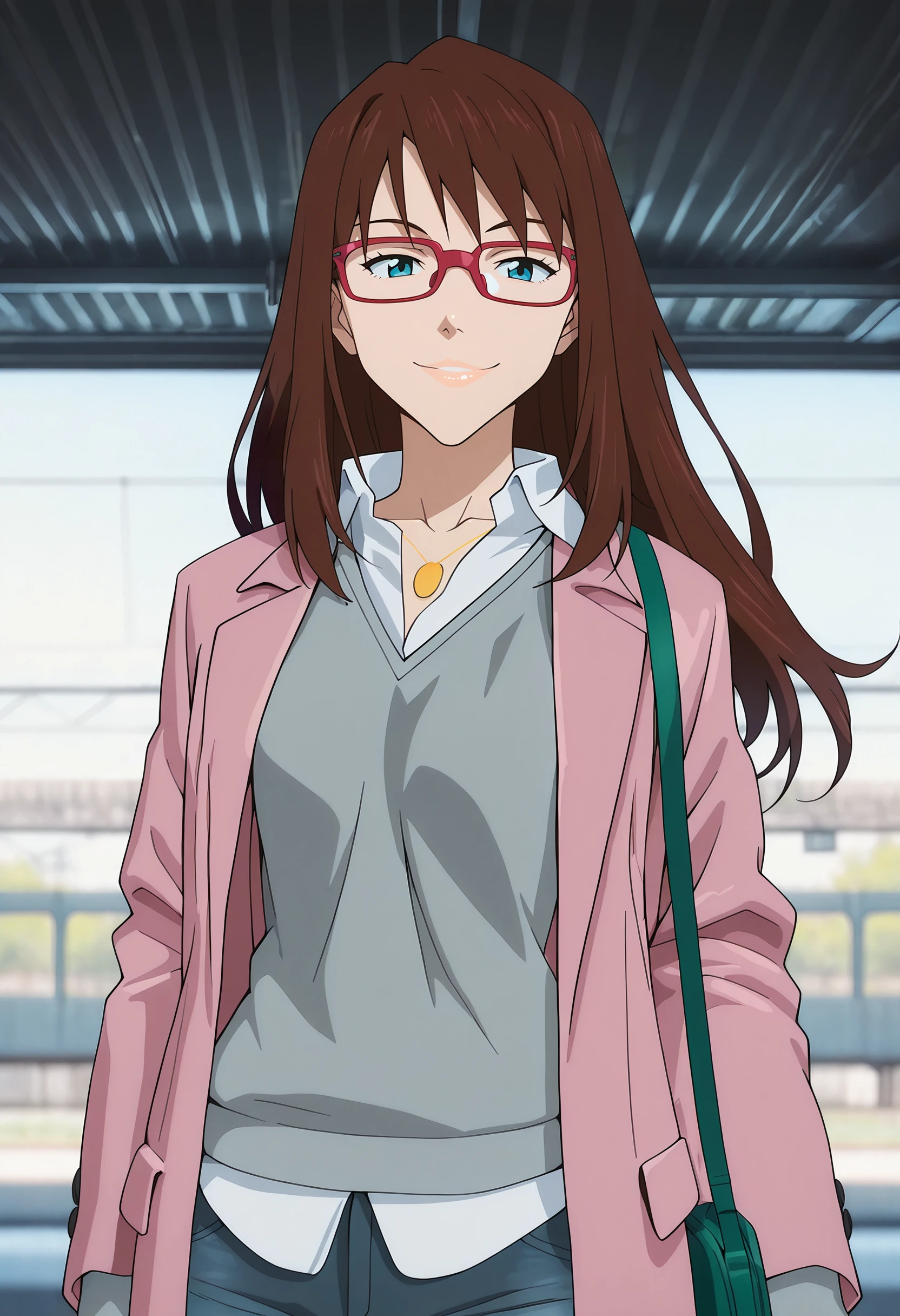 masterpiece, best quality, anime, mari-end <lora:Degen_Mari_End_Illustrious_v1:1>, red-framed eyewear, parted lips, looking at viewer, untucked shirt, red-framed eyewear, pink jacket, grey sweater, collared shirt, white shirt, collarbone, jewelry, green purse,  jeans, train station, smile,  nails,