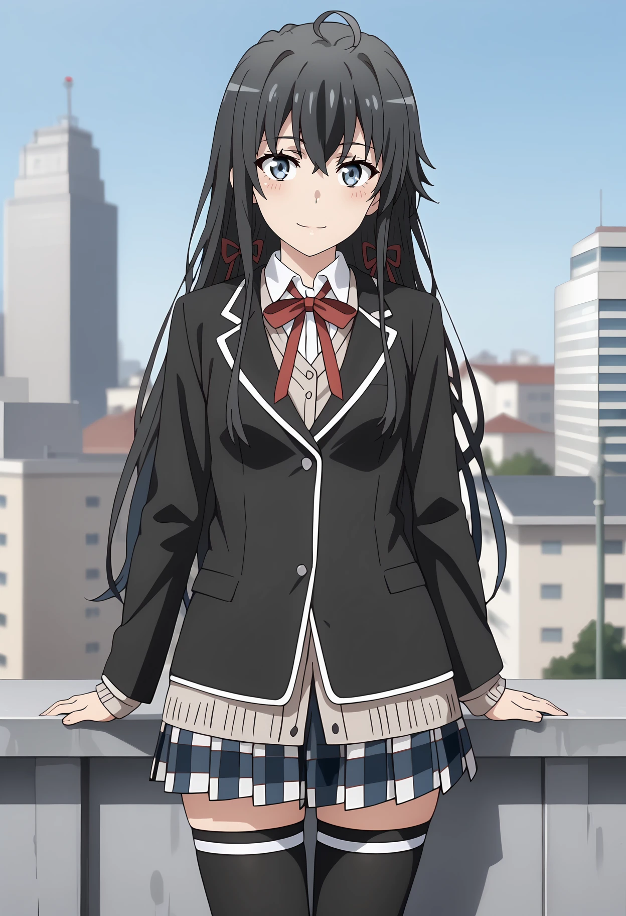 anime screencap,
<lora:YahariOreNoSeishunLoveComedy_YukinoshitaYukinoXL:0.9>,
1girl, solo, closed mouth, blush, light smile, head tilt,
long hair, black hair, blue eyes, hair between eyes, ahoge, hair ribbon,
YukinoSchool, blazer, black jacket, collared shirt, white shirt, brown cardigan, neck ribbon, red ribbon, long sleeves, plaid skirt, pleated skirt, multicolored skirt, black thighhighs, skindentation,
thigh gap, cowboy shot, standing, looking at viewer,
rooftop, school, city, outdoors, blurry background