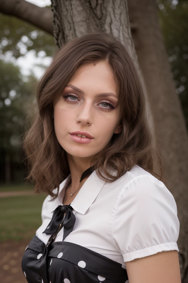 cinematic photo Dutch angle, intricate details,  (best quality), (masterpiece), (realistic), (intricate),  <lora:JadeVenusQuiron_v05i03e25t05_Lora:0.87> jadevenusQuiron woman, 1girl, solo, makeup, , Leaning against an old oak tree, she holds a paintbrush, bringing life to a blank canvas before her, Saint Laurent black and white polka dot silk blouse, . 35mm photograph, film, bokeh, professional, 4k, highly detailed