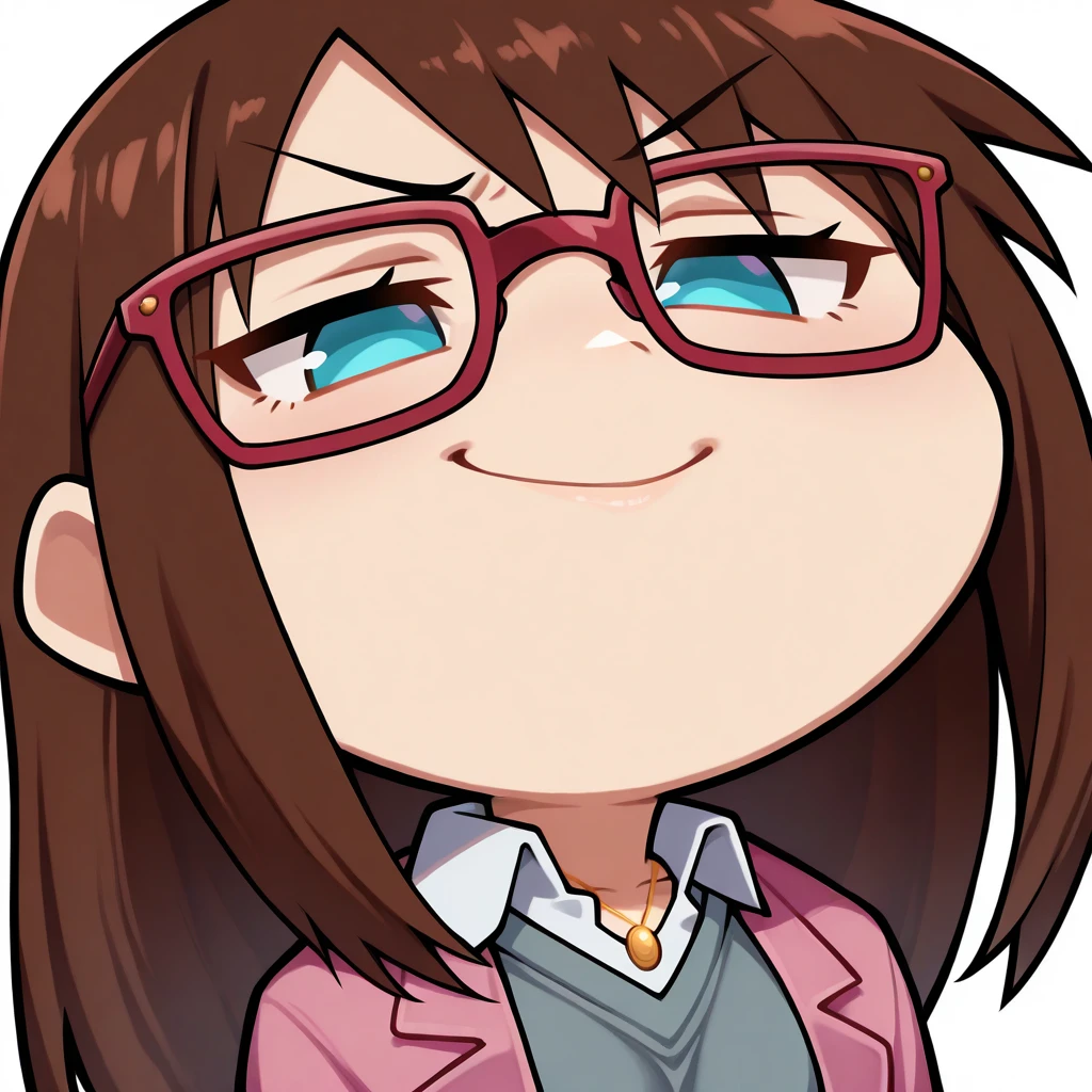 masterpiece, best quality, <lora:Degen_Mari_End_Illustrious_v1:.9> , mari-end, upper body, chibi, big head, blue eyes, smug, simple background, white background, red-framed eyewear, brown hair, collared shirt, grey sweater, pink jacket, jewelry, solo, smirk,