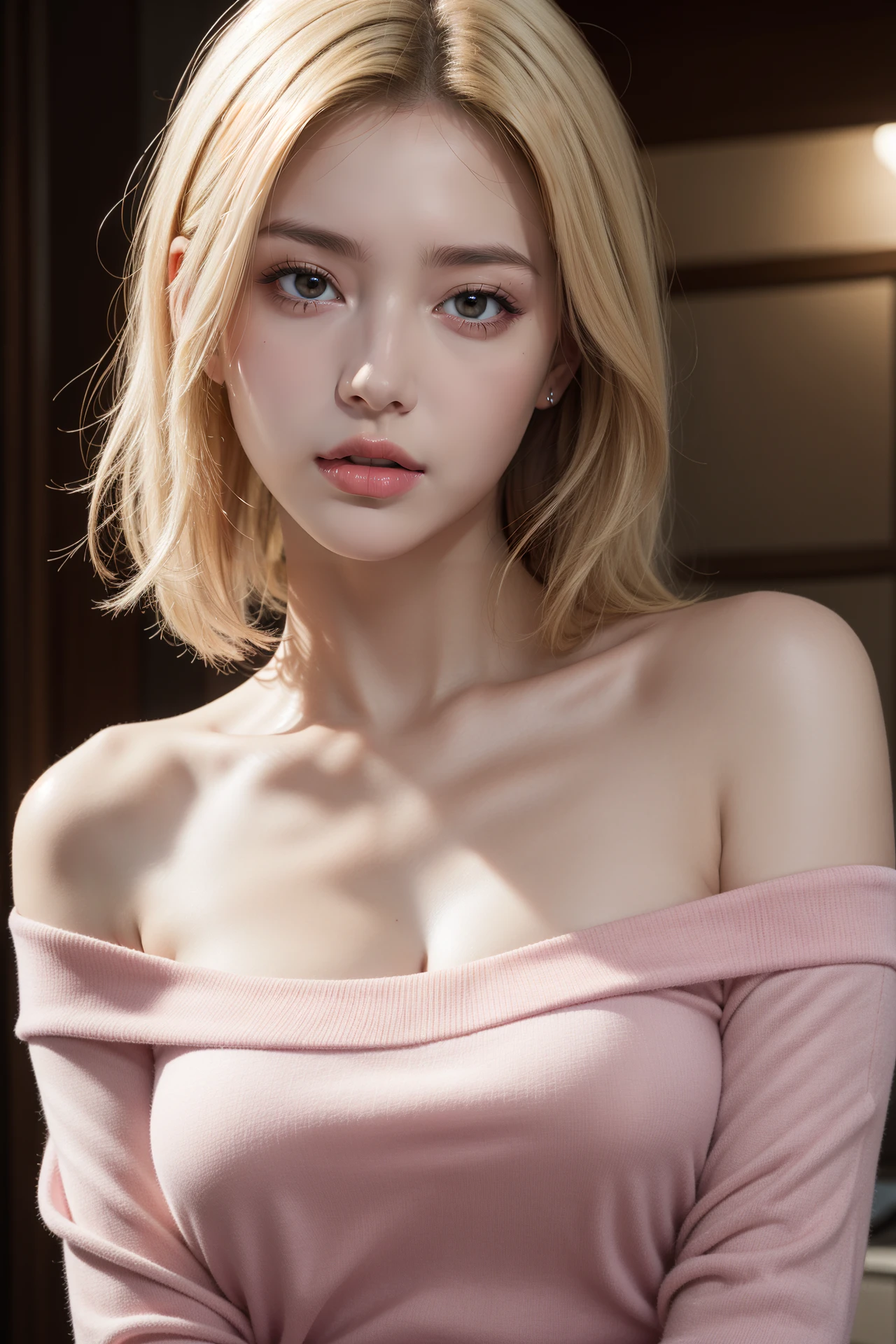 masterpiece, best quality, photorealistic, ultra high resolution, ultra detailed, 8k HDR, absurdres, realistic skin, detailed skin, realistic lighting, 1girl, solo, looking at viewer, blonde hair, off shoulder, pink shirt