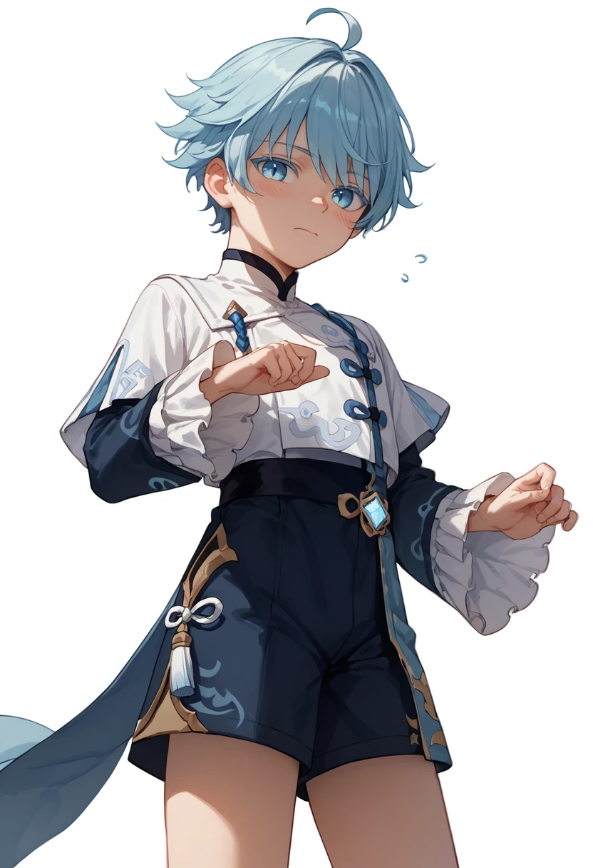 score_9, score_8_up, score_7_up, score_6_up, score_5_up, score_4_up, 

chongyun, 1boy, male focus, blush, white background, solo, shorts, simple background, frilled sleeves, frills, long sleeves, closed mouth, chinese clothes, ahoge, looking at viewer, embarrassed