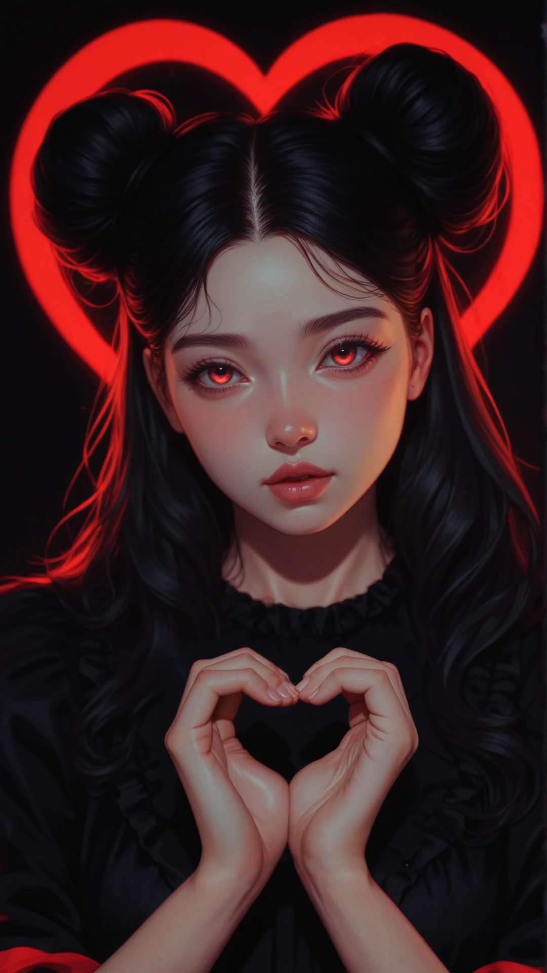 score_9, score_8_up, score_7_up, score_6_up, score_5_up, score_4_up, a woman, portrait, black hair, hairbuns, long hair, forming heart hands, reoj-va, red vibrant grading, black background <lora:reij-va:0.8>