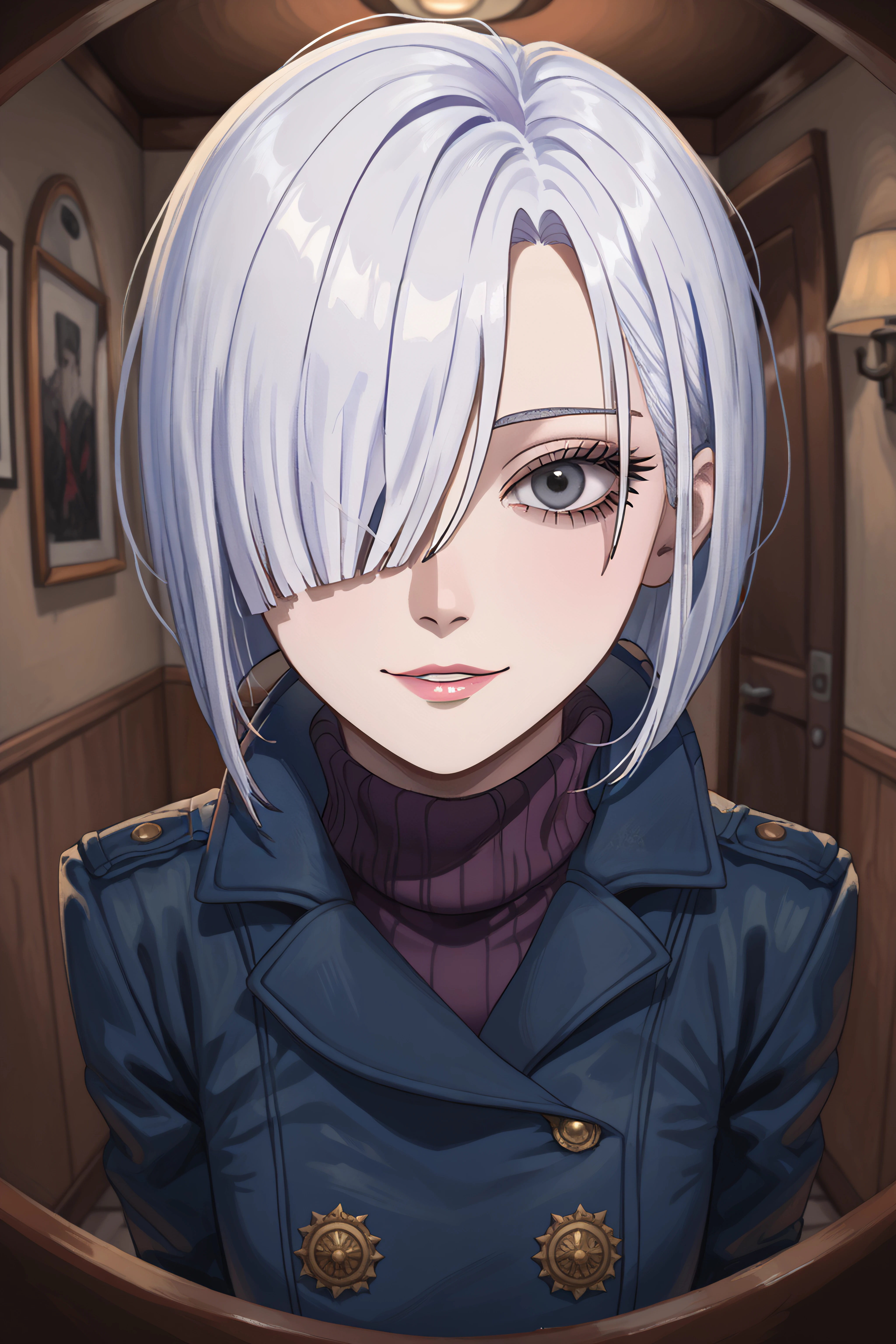 score_9, score_8_up, score_7_up, score_6_up, source_anime, BREAK, <lora:Fiona Frost-PonyXL-lora-Faxtron:0.8> fiona frost, grey eyes, white hair, short hair, hair over one eye, blue coat, turtleneck, black pants, brown gloves,  <lora:pov-peephole-ponyxl-lora-nochekaiser:1> pov peephole, peephole, fisheye, round border, peeking, voyeurism, aprtment, yandere, horror (theme), yandere, flourescent lamp,,