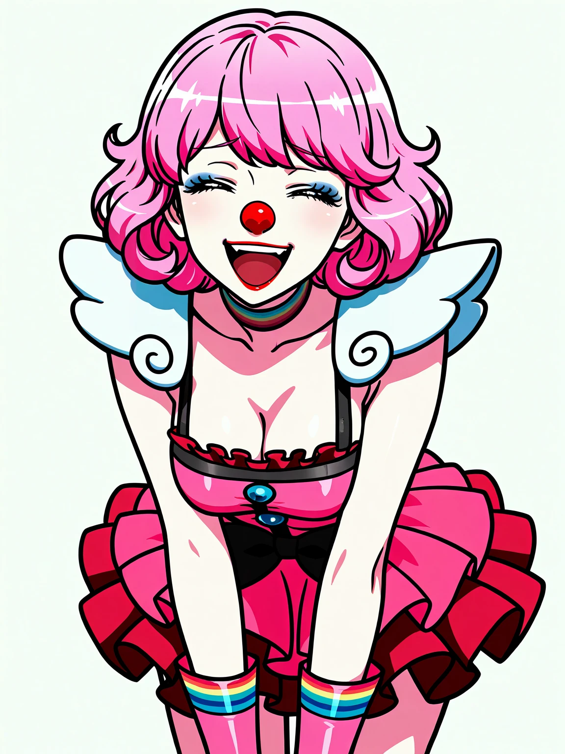 Masterpiece,best quality, vector art, 1girl,solo,laughing,leaning forward,cowboy shot,makeup,,
edgClussy,red clown nose, a woman in a pink dress, wearing edgClussy
<lora:edgClussyILS:1>