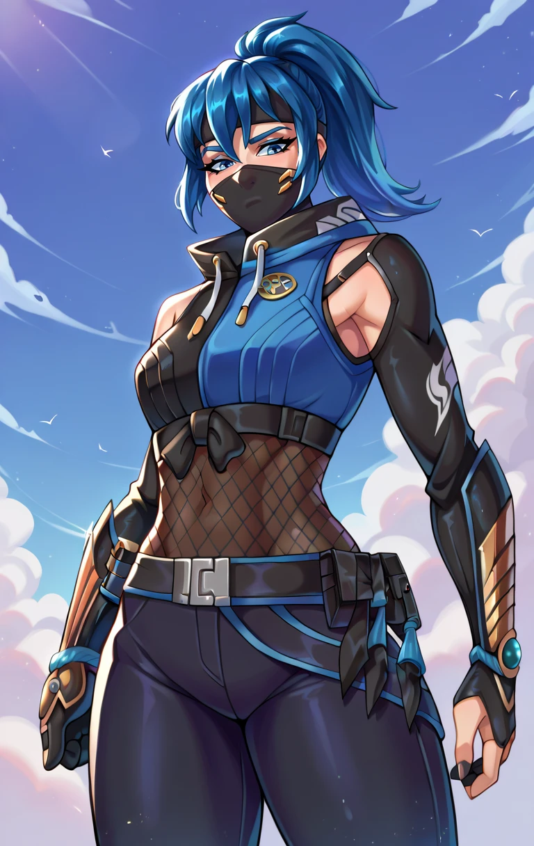 score_9,score_8_up,score_7_up,zPDXL2,zPDXLxxx,zPDXL3,<lora:ShadowBladeHope:1>,ShadowBladeHopeSDXL,1girl,solo,blue eyes,gloves,blue hair,ponytail,mask,mouth mask,ninja,kunai,ninja mask,cowboy shot,from below,