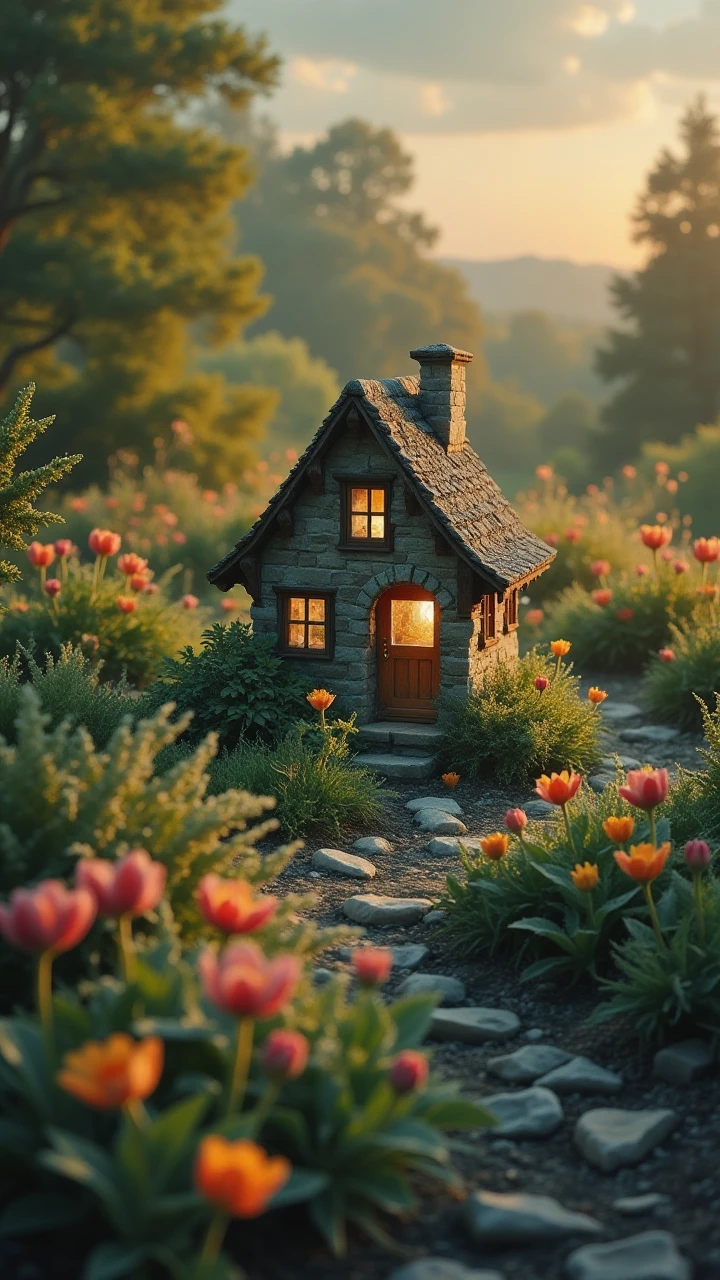 Jedhydipa, a miniature house in a flower bed as a symbol that the garden or gardening is the home, light from inside the house streams out warmly,  <lora:realdigitalpainting:0.8>,