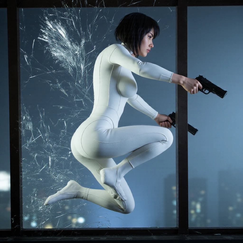 cinematic film still of  <lora:Ghost in the Shell style v1:0.9>
In Japanese manga cyberpunk city Motoko Kusanagi a profile side view of a woman in a white suit holding a gun while jumping in air into a window with shattering glass, 1girl, solo, breasts, short hair, black hair, weapon, gun, bodysuit, handgun, science fiction, realistic, glass, broken glass, detailed, different, real, unique, cinematic, dramatic, concept art, filmic, perfect, high quality, Ghost in the Shell style, Masamune Shirow style, holding, medium breasts, holding weapon, from side, lips, holding gun, cyborg, cyberpunk, kusanagi motoko, hologram, shallow depth of field, vignette, highly detailed, high budget, bokeh, cinemascope, moody, epic, gorgeous, film grain, grainy