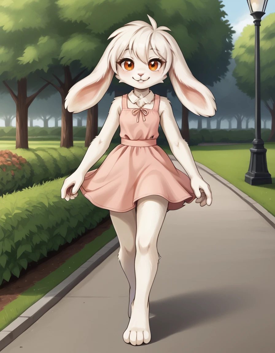 outdoors,park,
full body,smile,long eyelashes,
pink sundress,
<lora:Mimiga_v01_PDXL:1>,Mimiga,1girl,solo,furry female,rabbit girl,rabbit tail,rabbit ears,white fur,body fur,white hair,short hair,orange eyes,animal nose,