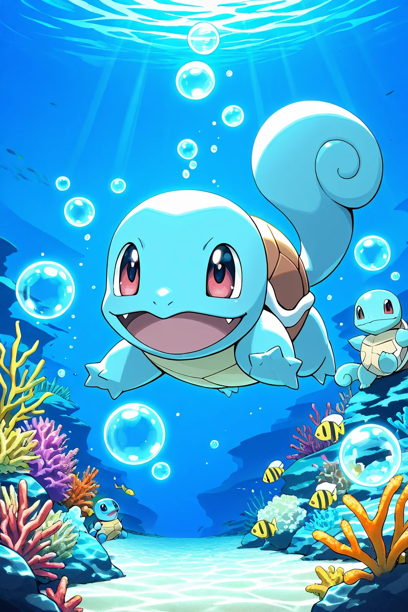 masterpiece, best quality,   <lora:SquirtlePokedexIXL:1.0>,  zzSquirtle,   diving underwater, glowing bubbles surrounding, playful and curious expression, soft and colorful underwater lighting, detailed underwater scenery