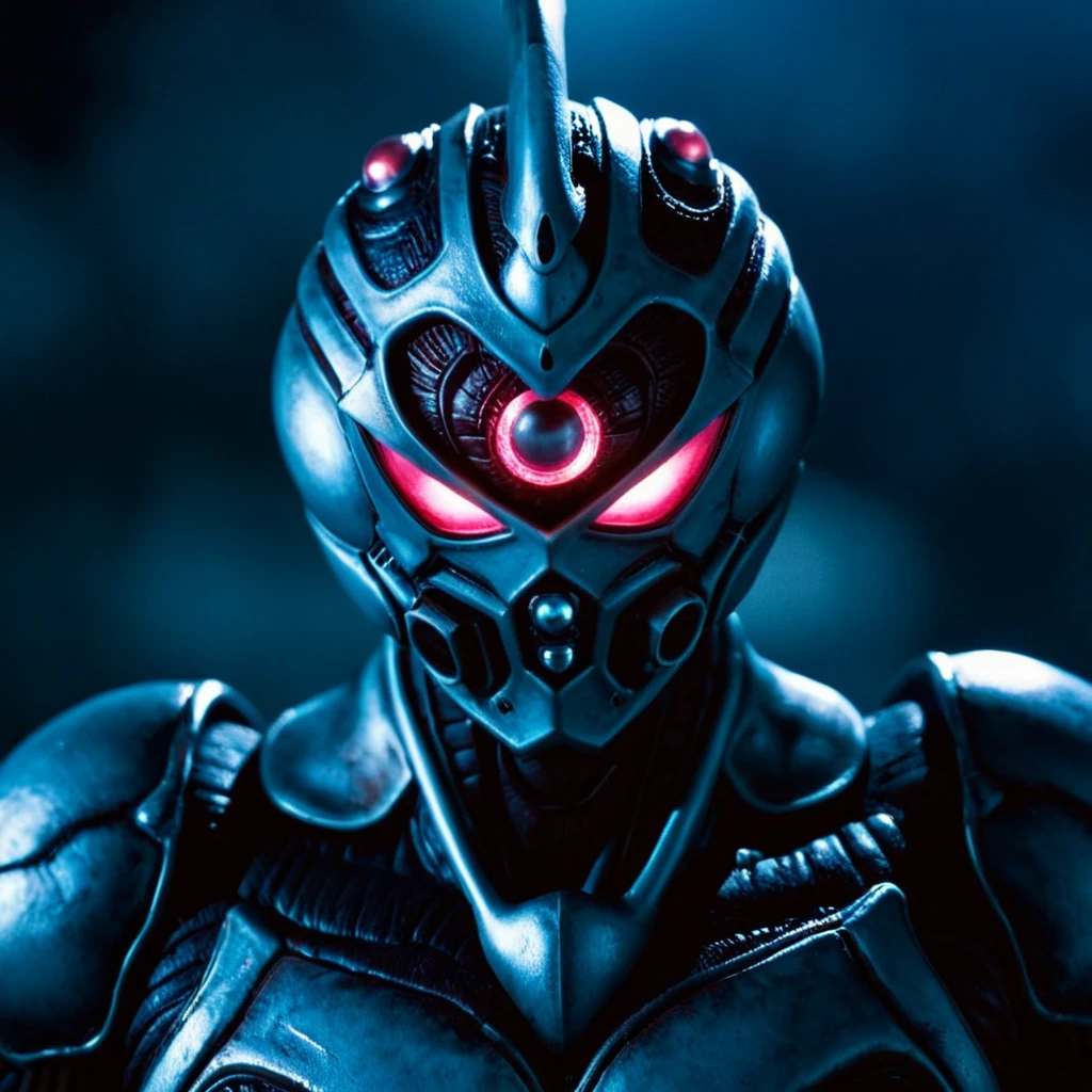 cinematic film still of  <lora:The Guyver xl v1:0.9>
The Guyver a close up of a person wearing a Guyver costume, perfect image, perfect body, perfect anatomy, sharp image, detailed image, Kodak film style, high quality photography, The Guyver style, solo, looking at viewer, teeth, pink eyes, no humans, portrait, science fiction, monster, extra eyes, glowing, robot, mecha, glowing eyes, straight-on, closeup, shallow depth of field, vignette, highly detailed, high budget, bokeh, cinemascope, moody, epic, gorgeous, film grain, grainy