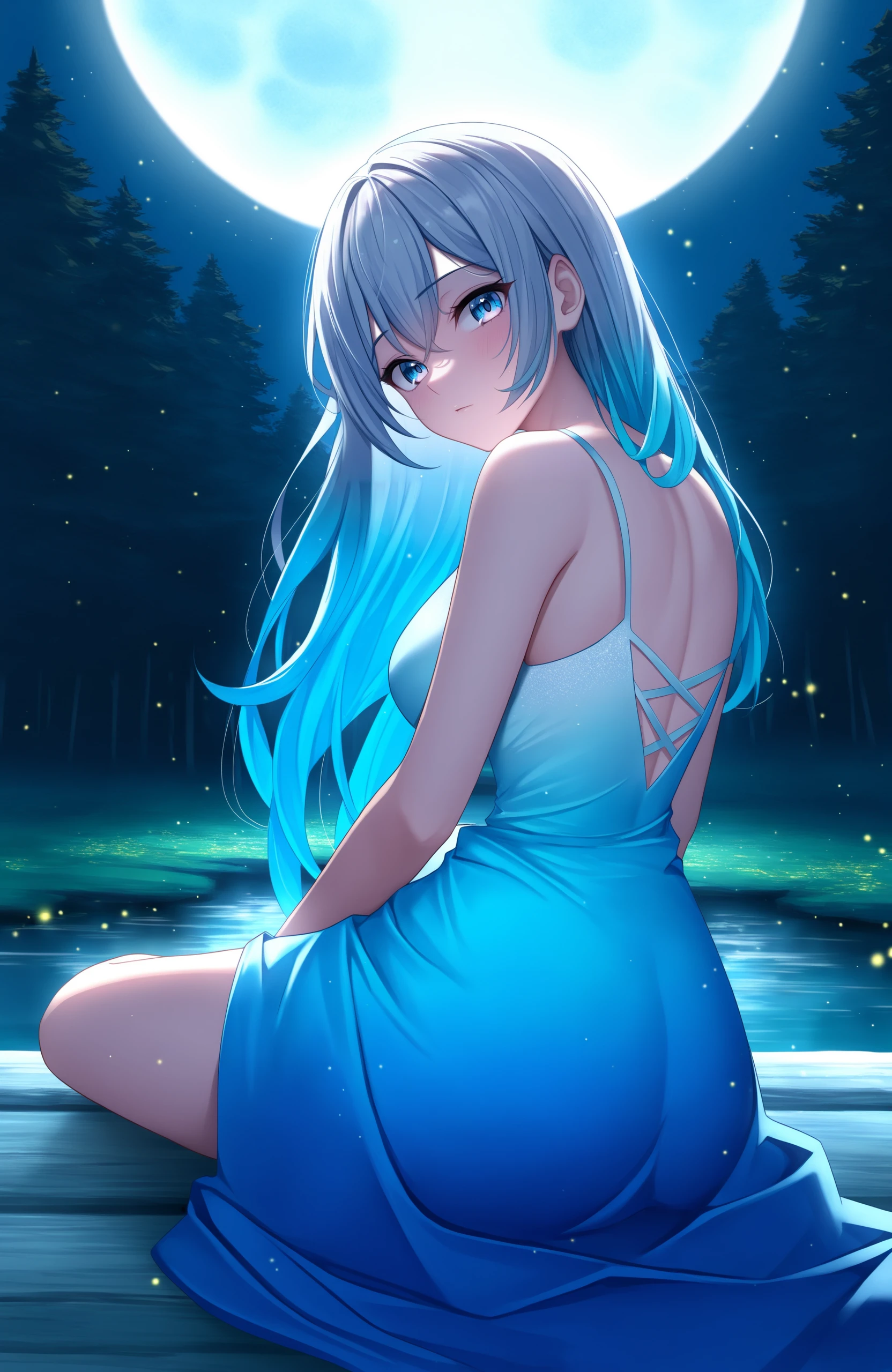 masterpiece, best quality, 1girl, looking at viewer, blue eyes, gradient hair blue dress, full body, sitting, forest, firefly, light particles, pond, from behind, full moon, moonlight