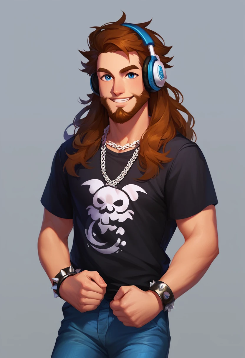 score_9, score_8_up, score_7_up, score_9, score_8_up, score_7_up, casual game art style, casual game art, mobile game art, merge 3 game art, character design, 1boy, solo, smile, blue eyes, facial hair, beard, (long hair), brown hair, spiked bracelet, chain necklace, black headphones, black T-shirt, print shirt, black jeans, clenched hands, cowboy shot, looking at viewer, simple background, grey background