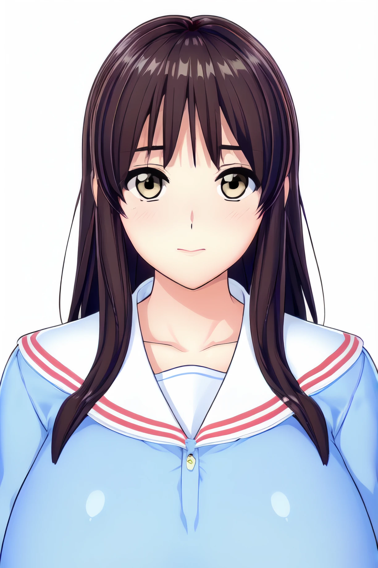 Simple Background,(White_Background:1.1),
dynamic pose,standing at attention,
Blue shirt, Yellow skirt, long sleeves, school uniform, white sailor collar,
<lora:Timid_ZLoli_KK77-KK77-V1:0.7>, Timid_ZLoli_KK77,
brown eyes, brown hair,bangs,Long hair,
<lora:more_details:0.1>,<lora:NovelAI_YesMix5_KKStyle-KK77-Yes5-V1:0.3>,<lora:Oda_Non_Style2-KK77-Yes5-V1:0.3>,
1 girl, 20yo,Young female,Beautiful long legs,Beautiful body,
Beautiful Nose,Beautiful character design, perfect eyes, perfect face,expressive eyes,perfect balance,
looking at viewer,(Focus on her face),closed mouth, (innocent_big_eyes:1.0),(Light_Smile:0.3),
official art,extremely detailed CG unity 8k wallpaper, perfect lighting,Colorful, Bright_Front_face_Lighting,White skin,
(masterpiece:1.0),(best_quality:1.0), ultra high res,4K,ultra-detailed,
photography, 8K, HDR, highres, absurdres:1.2, Kodak portra 400, film grain, blurry background, bokeh:1.2, lens flare, (vibrant_color:1.2),professional photograph,
(Beautiful,large_Breasts:1.4), (beautiful_face:1.5),(narrow_waist),
