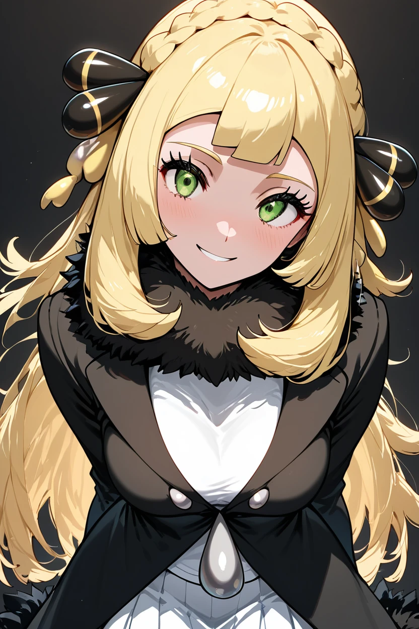 score_9, score_8_up, score_8, medium breasts, (curvy), cute, eyelashes,       ,,,  zzCLillieCitron, green eyes, blonde hair, hair ornament, hair ribbon, long hair, long sleeves, fur trim, braid, coat, white skirt, white shirt, black coat, lillie (pokemon),  <lora:CynthiaLilliePDXL:1>, upper body, smile, looking at viewer, shiny skin, embedding:zPDXL, Expressiveh, <lora:SDXLFaeTastic2400:0.5>,  <lora:Expressive_H-000001:0.4>,