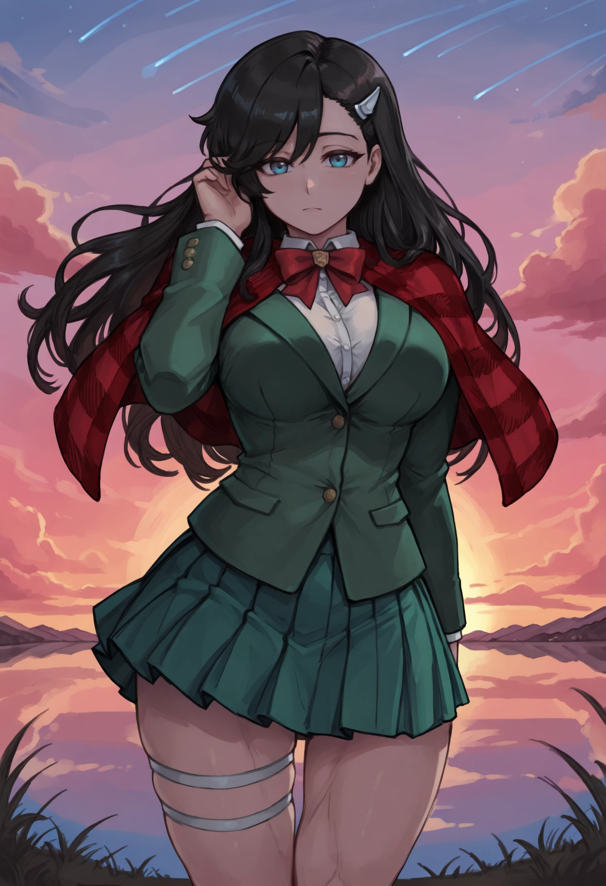 masterpiece, best quality, toned, 1girl,
black hair, blue eyes, long hair, hairclip, asymmetrical bangs, hair between eyes,
outfitgrnschl, school uniform, long sleeves, green jacket, collared shirt, white shirt, green skirt, miniskirt, pleated skirt, red scarf, plaid scarf, plaid, plaid clothes, red bow, bowtie, thigh strap, buttons, closed jacket, 
large breasts,
 (looking at viewer:1.1), bedroom eyes, hand in own hair, outdoors, sunset, cloud, abstract background, reflection, shooting star, landscape, water,
<lora:nhshnr_idxl_EliPot:1>