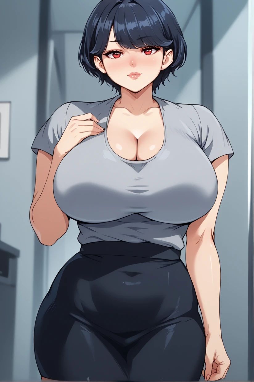 <lora:StyleAnimationTatsumi01NSLT:0.9> BREAK <lora:Chijukujo_epoch_9:0.85> Chijukujo, huge breasts, cleavage, short hair, black skirt, curvy, bangs, grey shirt, looking at viewer, solo focus, jewelry, swept bangs, short sleeves, red eyes, standing, plump, 8k, masterpiece, absurdes, highly detailed, highres, high quality, best quality, score_9, score_8_up, score_7_up, score_6_up