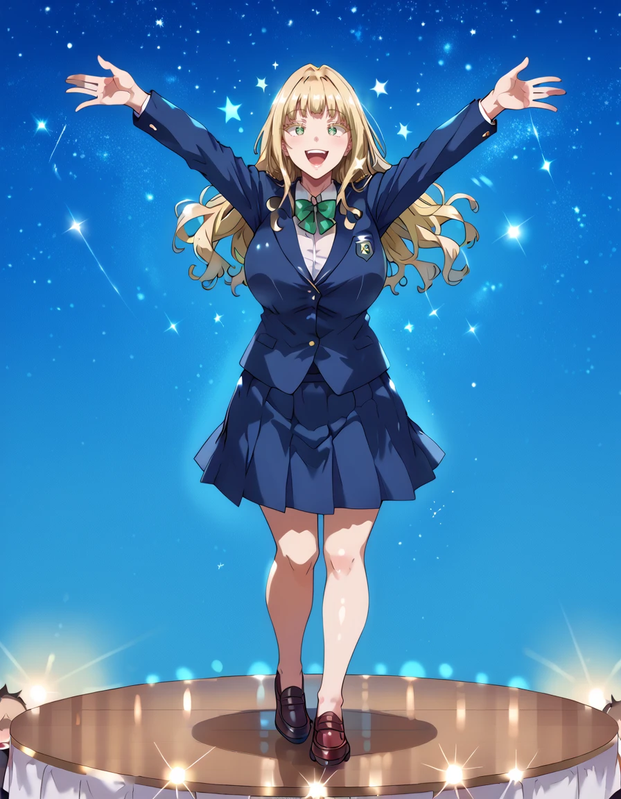 <lora:louise_richter:1> louise_richter, blonde_hair, huge_breasts, green_eyes long_hair, school_uniform, (full_body, solo:1.2), score_9, score_8_up, score_7_up, source_anime, rating:safe, dancing, energetic, moving, happy, smile, stage, performance, music, starry_sky, stars, constellations, Milky_Way, night, dark, vast, awe-inspiring