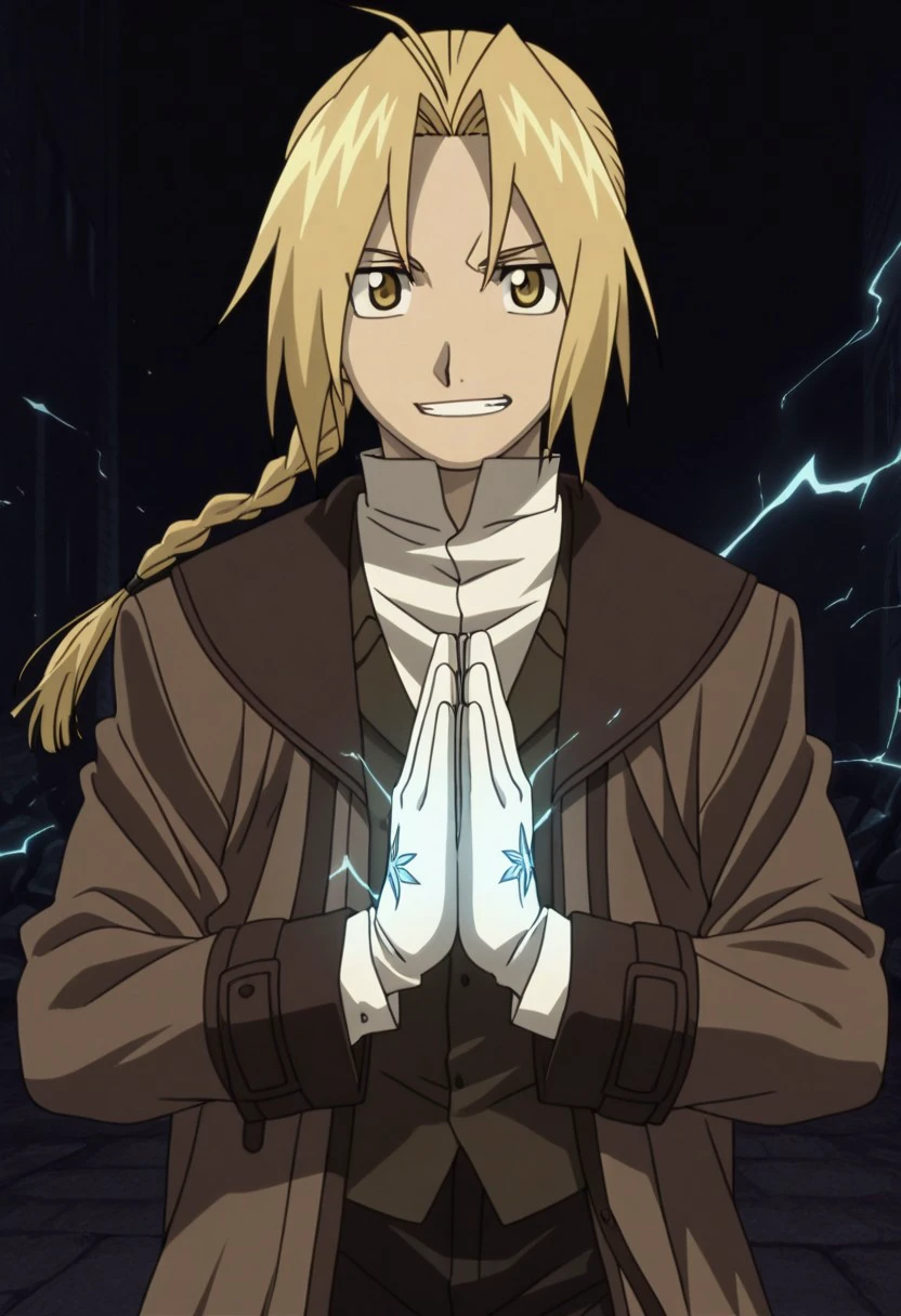 masterpiece, best quality, anime screencap, anime coloring
edwardelric, 1boy, male focus, solo, yellow eyes, blonde hair, long hair, braid, ahoge, shirt, white shirt, collared shirt, vest, brown vest, coat, brown coat, open coat, open clothes, gloves, white gloves, palms together, magic, grin, electricity, spell.
outdoor,